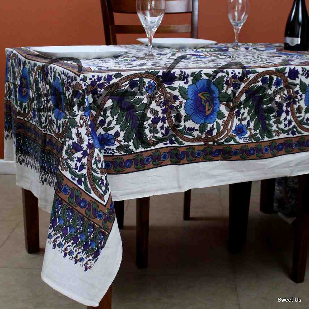 Cotton Tree of Life Floral Tablecloth Rectangle White Blue Purple Green
