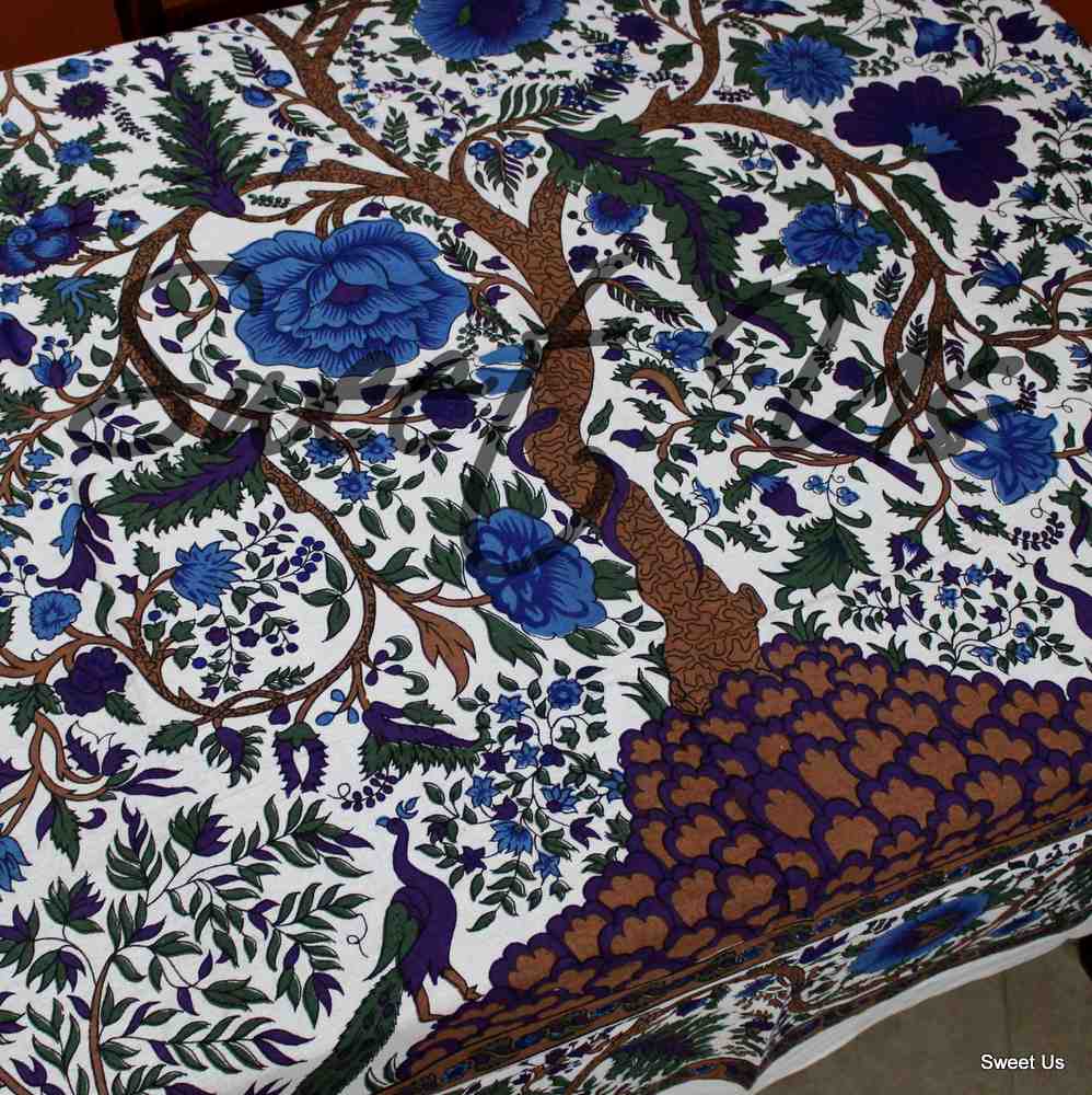 Cotton Tree of Life Floral Tablecloth Rectangle White Blue Purple Green