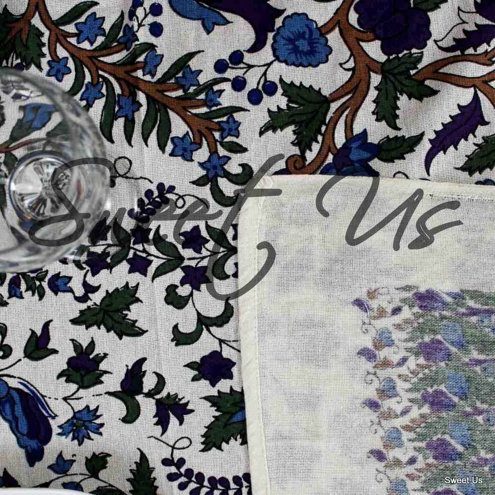 Cotton Tree of Life Floral Tablecloth Rectangle White Blue Purple Green