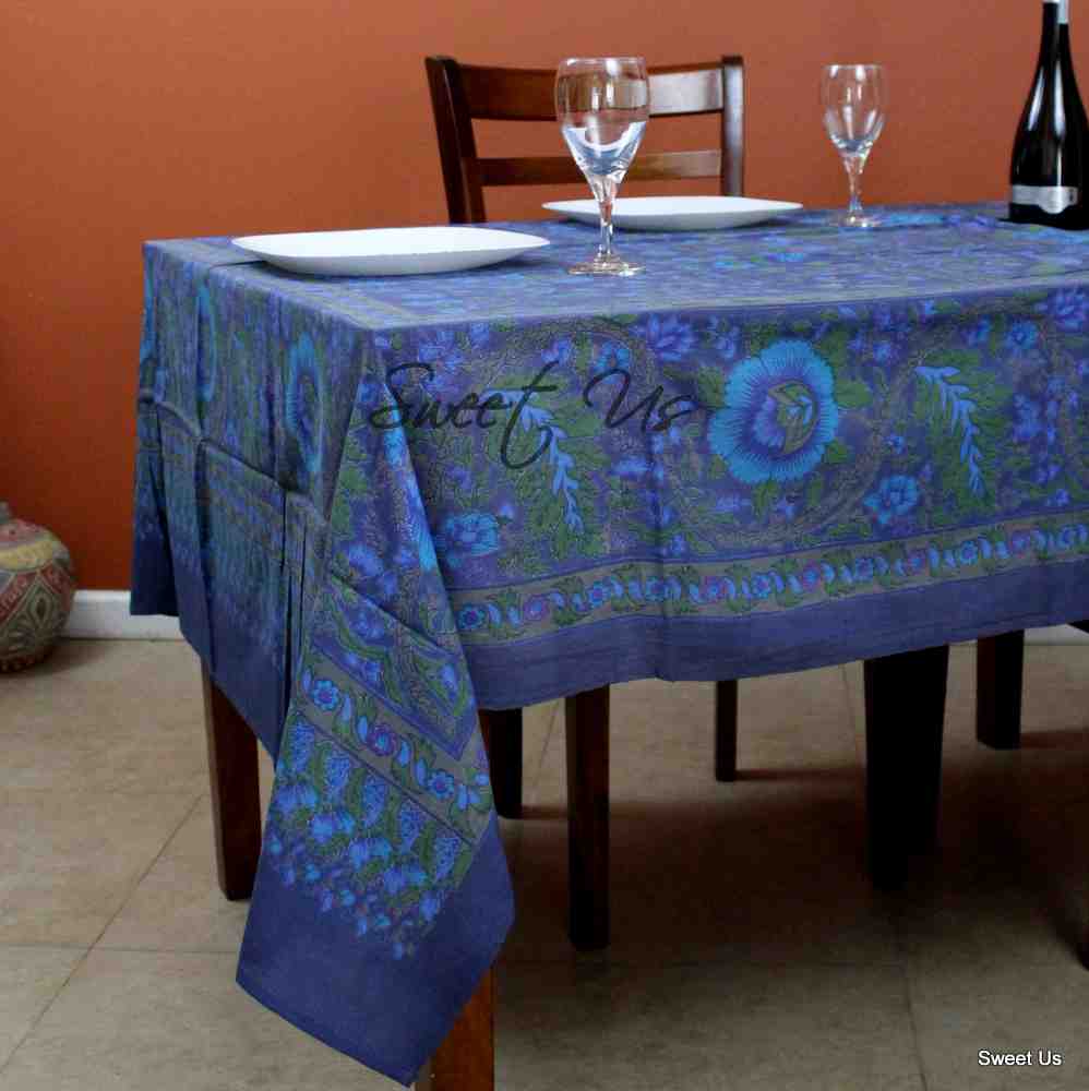 Cotton Tree of Life Floral Tablecloth Rectangle 70x104 Blue Green Brown