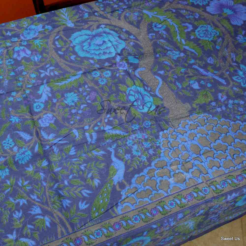 Cotton Tree of Life Floral Tablecloth Rectangle 70x104 Blue Green Brown
