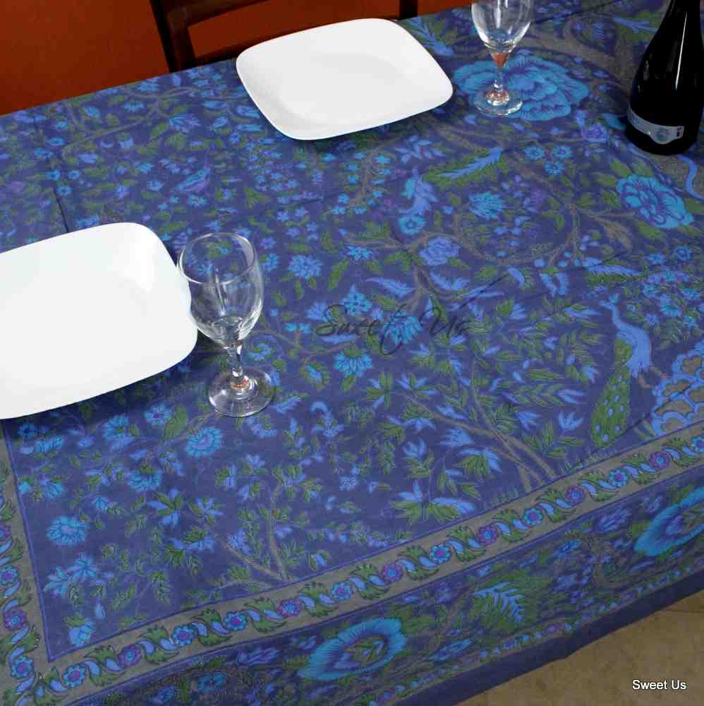 Cotton Tree of Life Floral Tablecloth Rectangle 70x104 Blue Green Brown