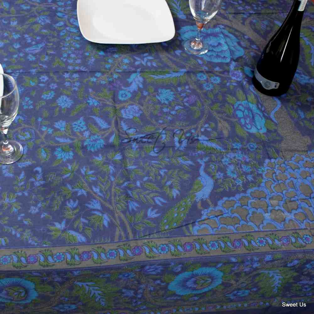Cotton Tree of Life Floral Tablecloth Rectangle 70x104 Blue Green Brown