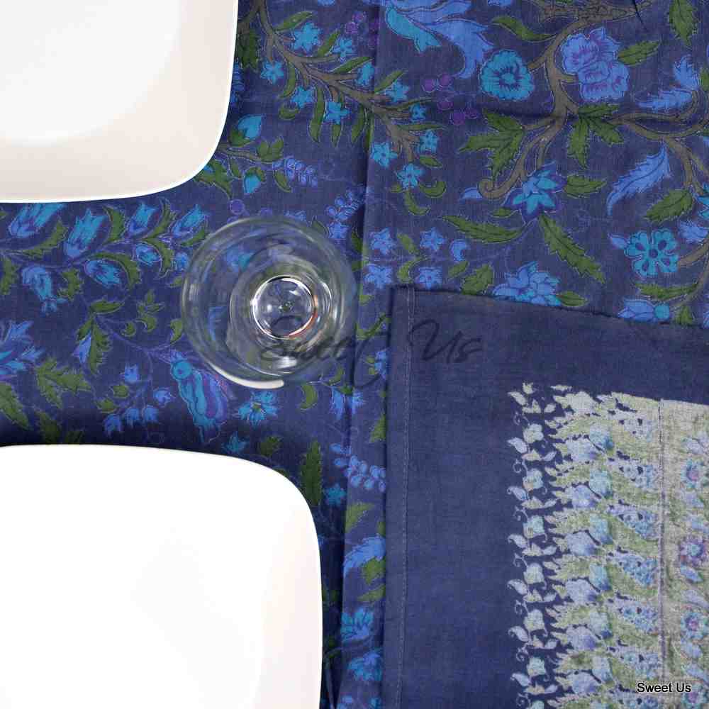 Cotton Tree of Life Floral Tablecloth Rectangle 70x104 Blue Green Brown