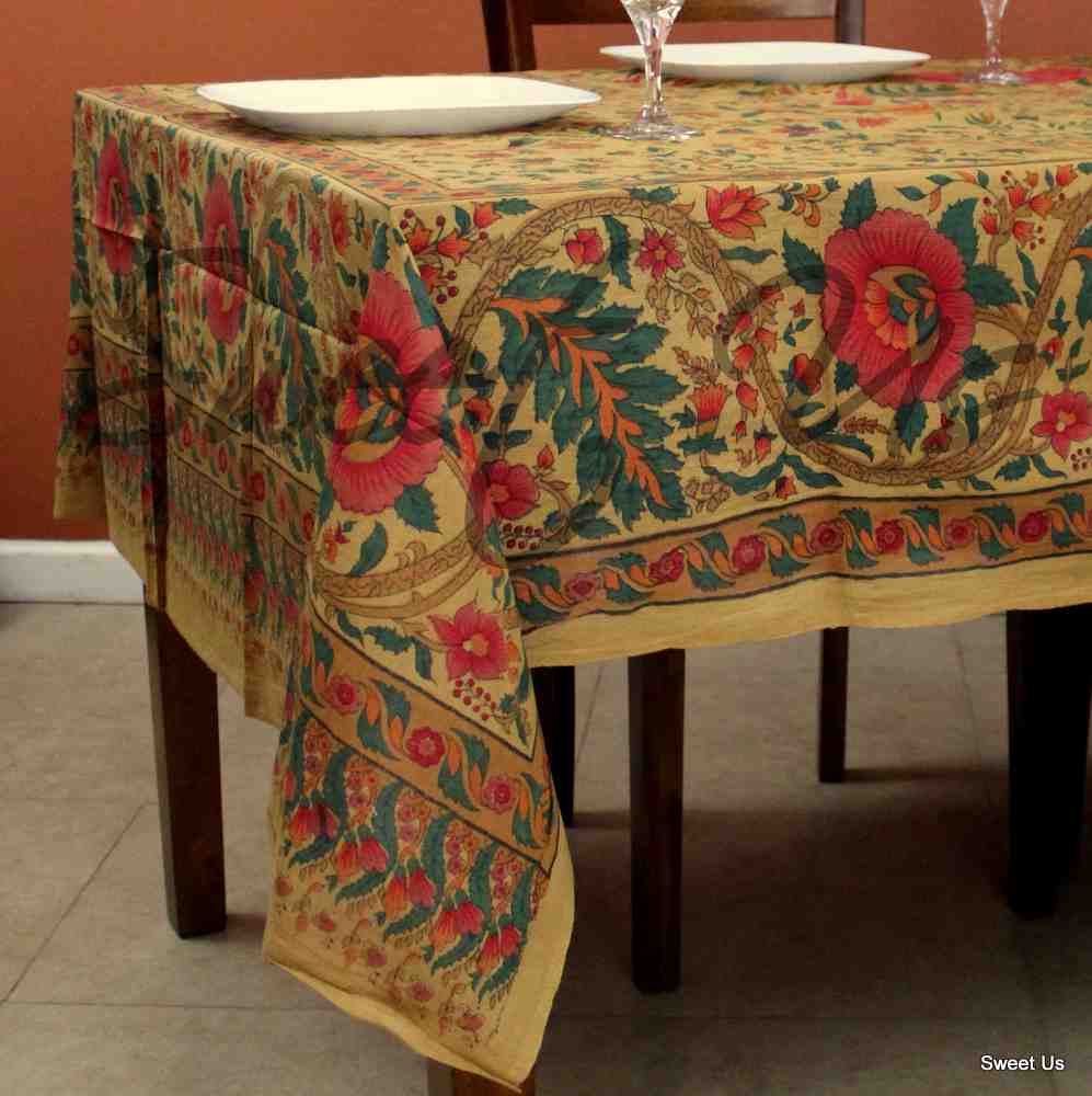 Cotton Tree of Life Floral Tablecloth Rectangle 70x104 Gold Pink Brown Green