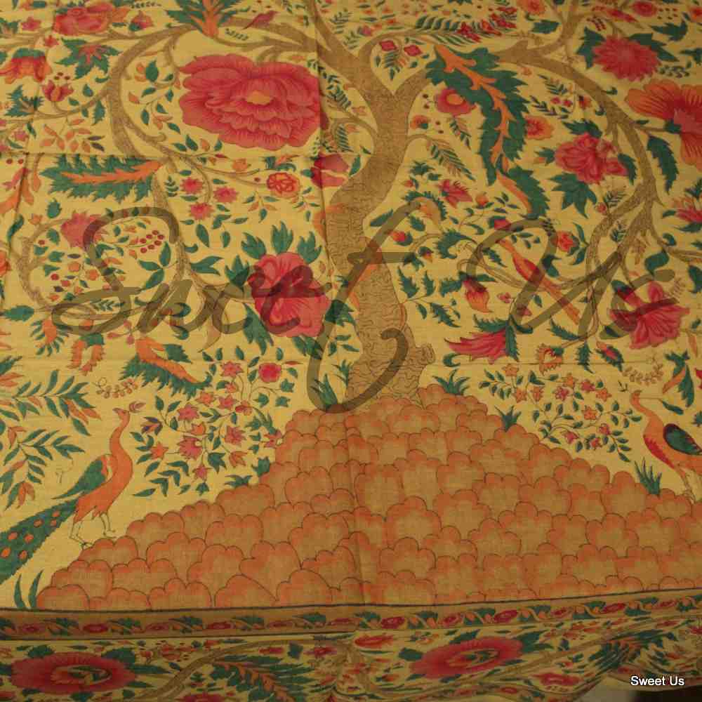 Cotton Tree of Life Floral Tablecloth Rectangle 70x104 Gold Pink Brown Green