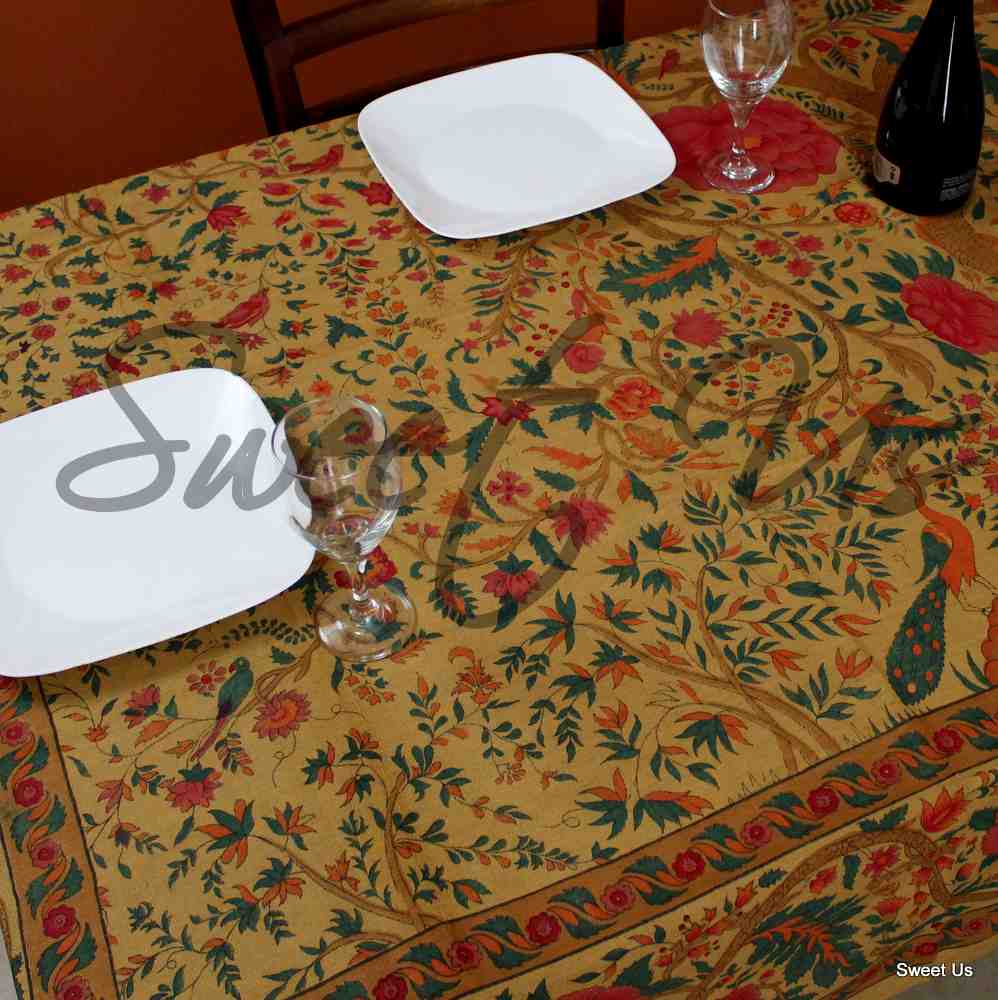 Cotton Tree of Life Floral Tablecloth Rectangle 70x104 Gold Pink Brown Green