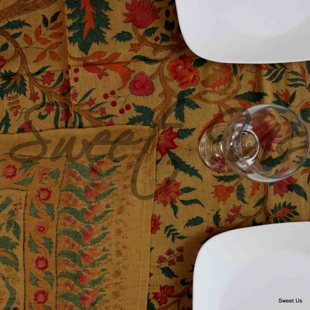 Cotton Tree of Life Floral Tablecloth Rectangle 70x104 Gold Pink Brown Green