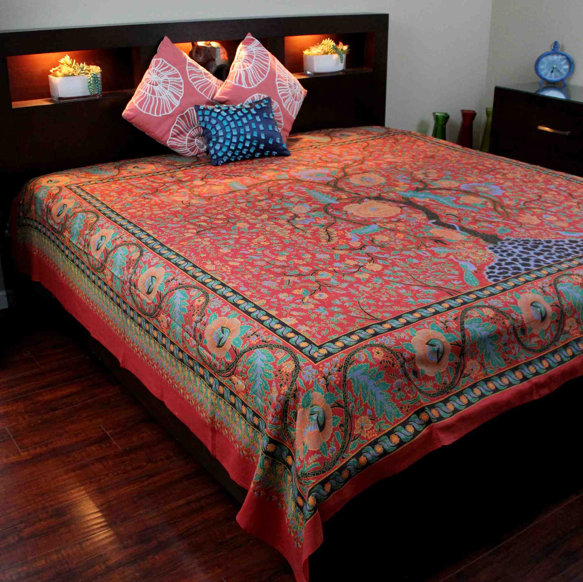 Handmade 100% Cotton Tree of Life Tapestry Tablecloth Spread Full 88x104 Red - Sweet Us