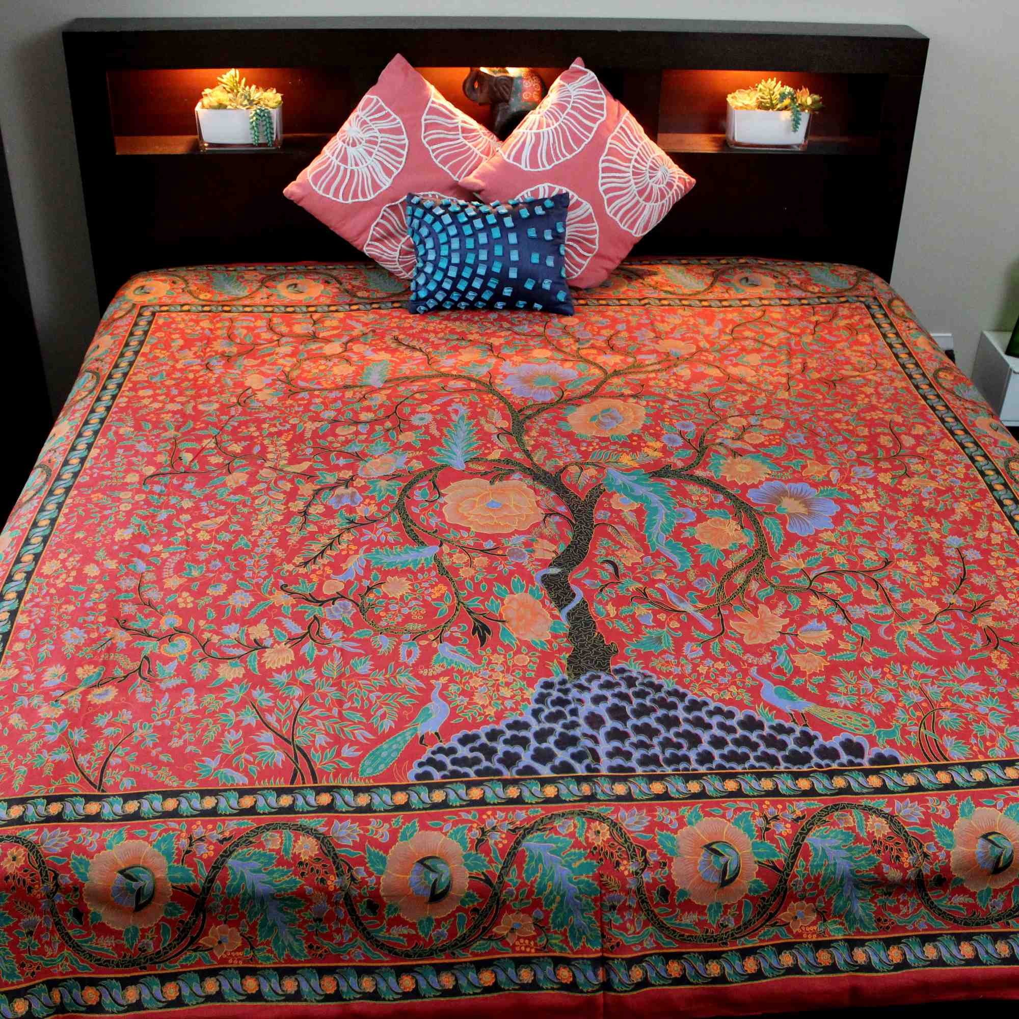 Handmade 100% Cotton Tree of Life Tapestry Tablecloth Spread Full 88x104 Red - Sweet Us