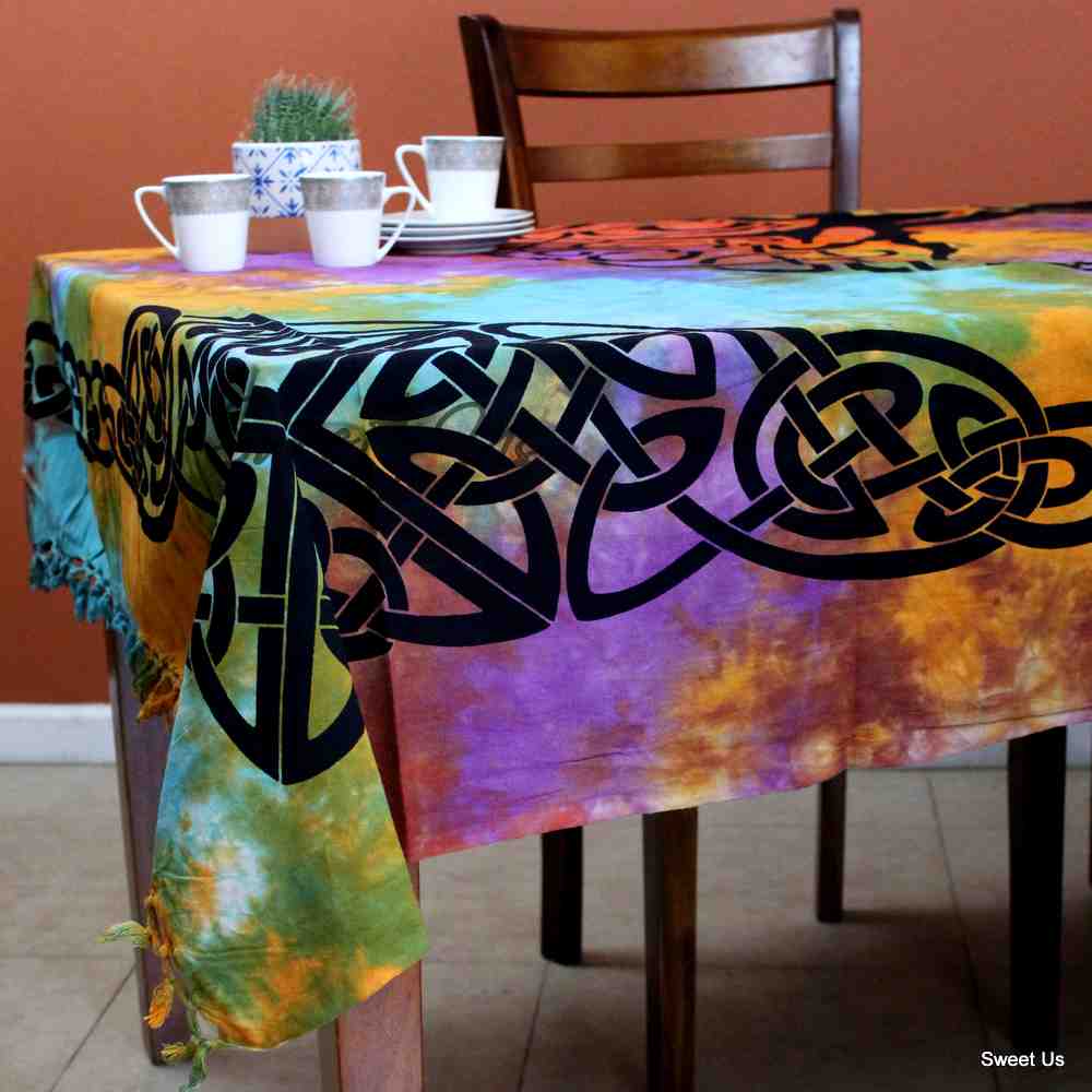 Cotton Tree of life Tablecloth Rectangle Celtic Tie-Dye Spread Fringe - Sweet Us