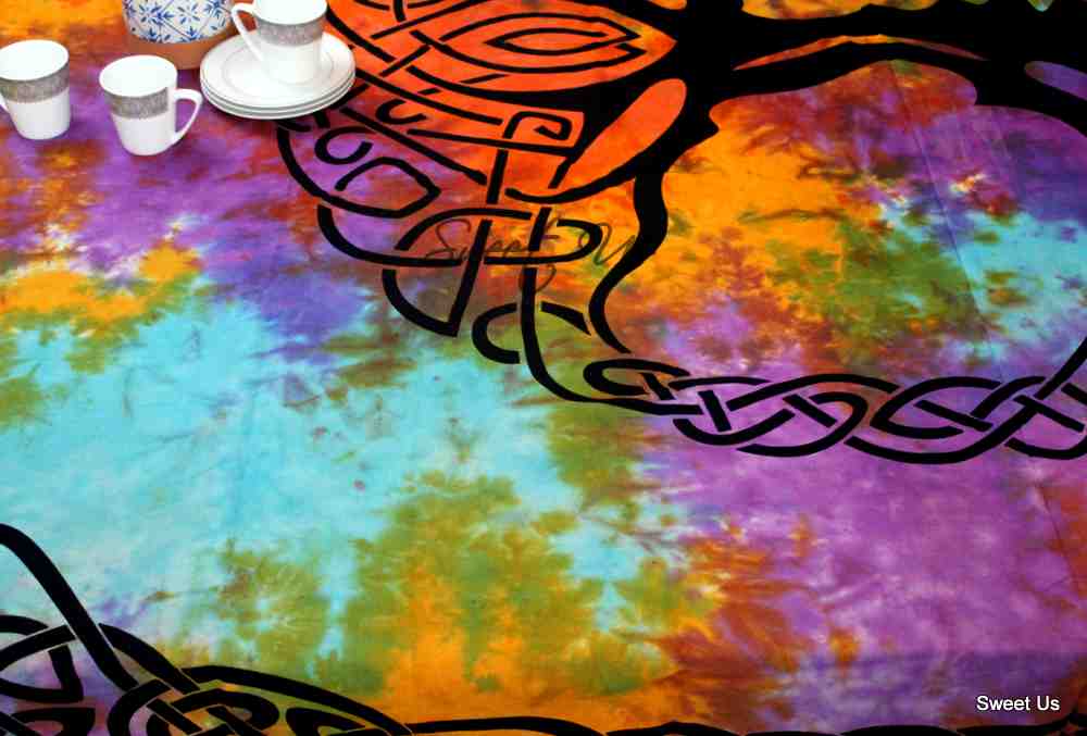 Cotton Tree of life Tablecloth Rectangle Celtic Tie-Dye Tapestry Spread Fringe