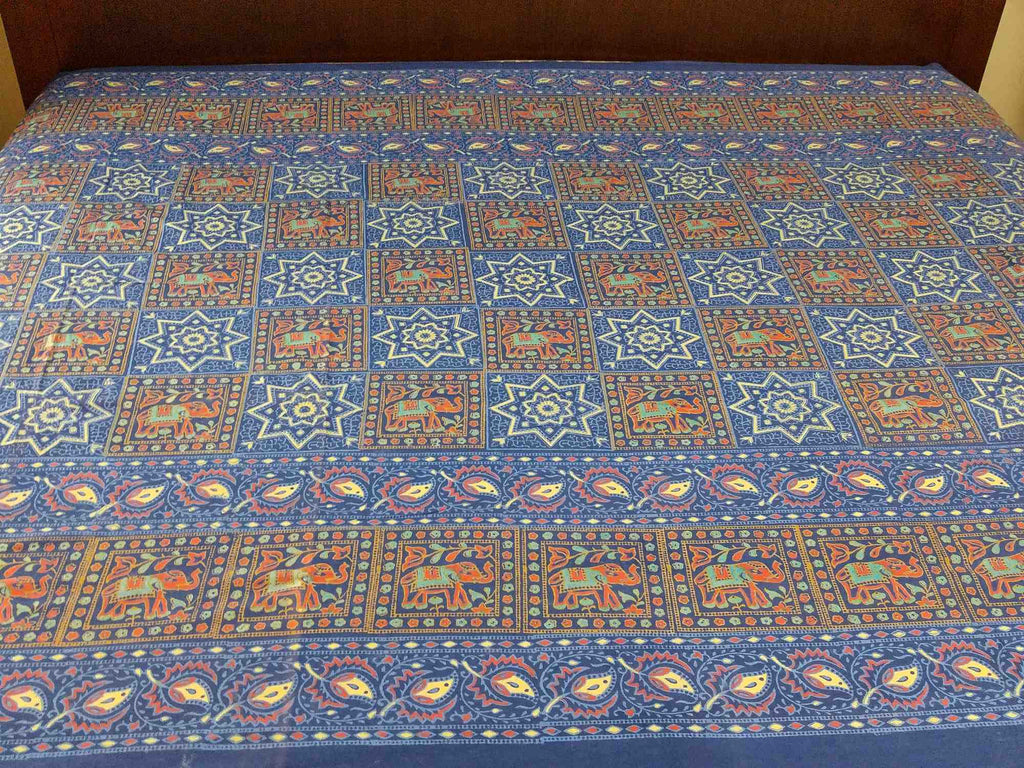 Handmade 100% Cotton Elephant Star Floral Bedspread Tapestry Tablecloth Twin Blue - Sweet Us