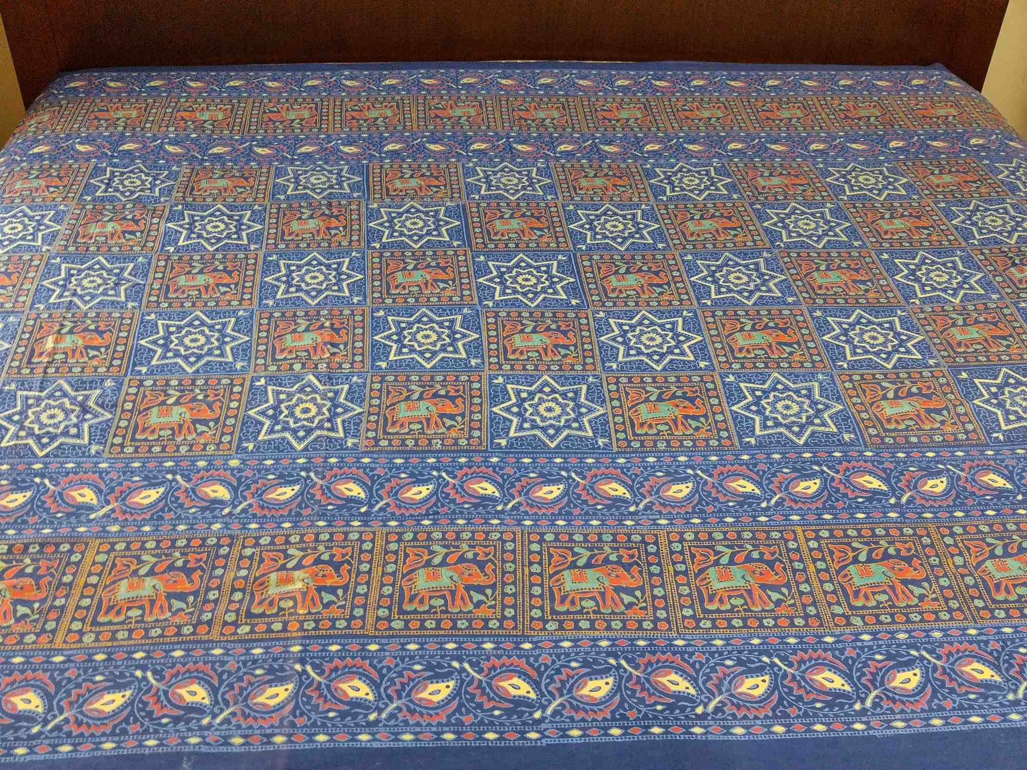 Handmade 100% Cotton Elephant Star Floral Bedspread Tapestry Tablecloth Twin Blue - Sweet Us