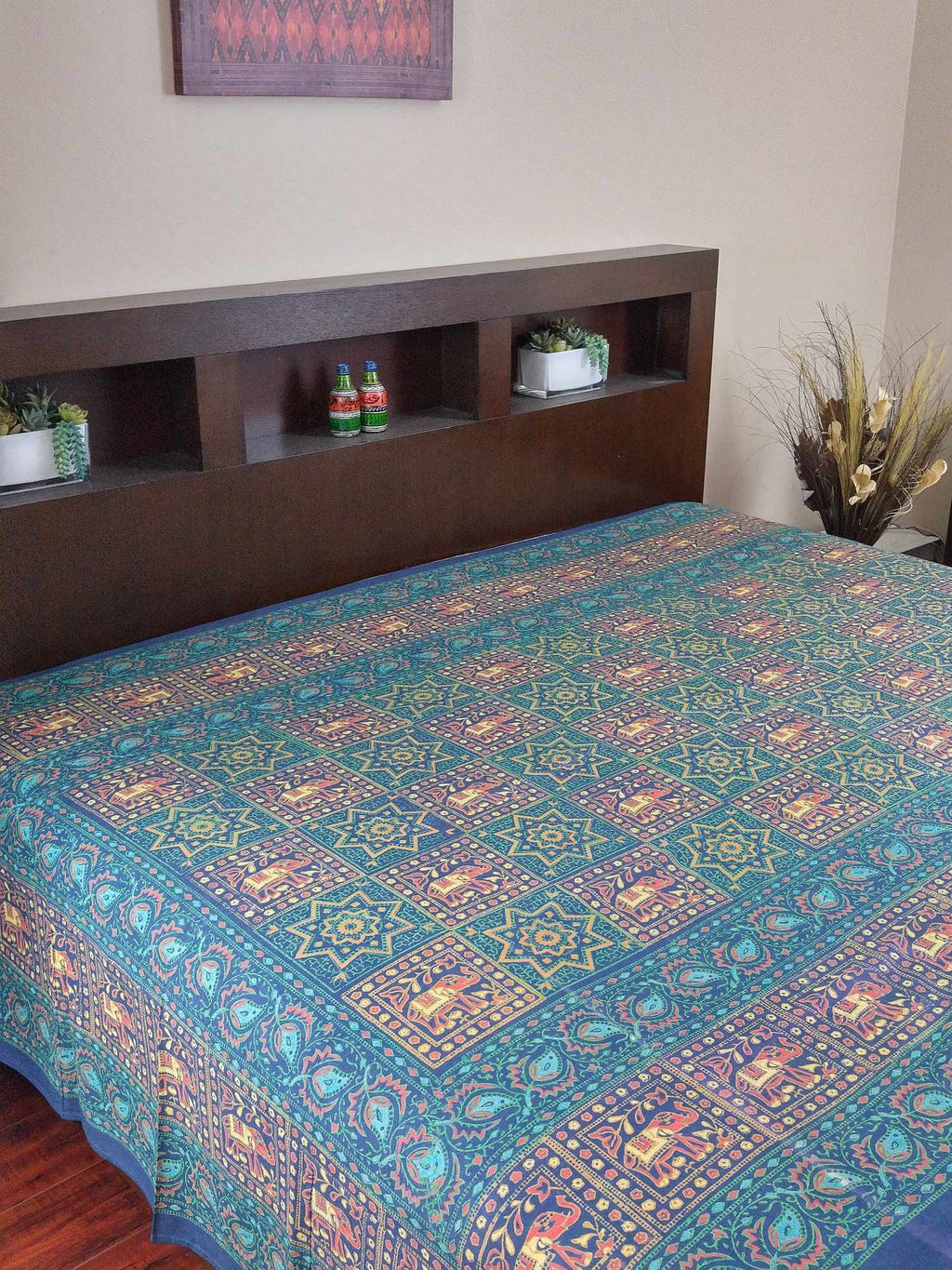 Handmade 100% Cotton Elephant Star Floral Bedspread Tapestry Tablecloth Twin Green - Sweet Us