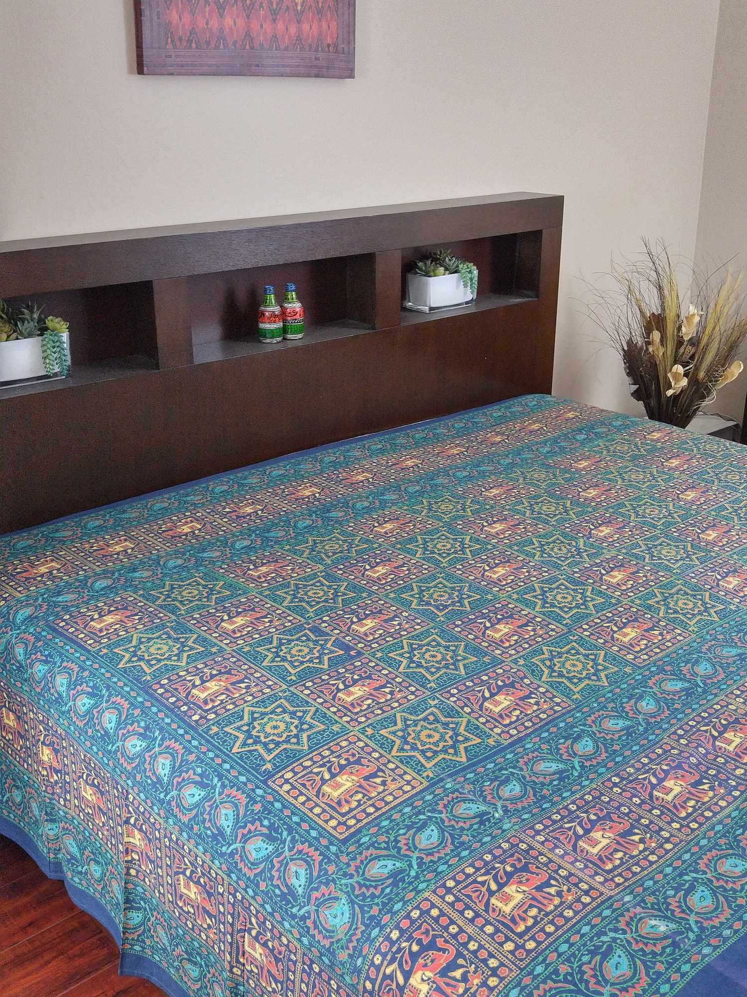 Handmade 100% Cotton Elephant Star Floral Bedspread Tapestry Tablecloth Twin Green - Sweet Us