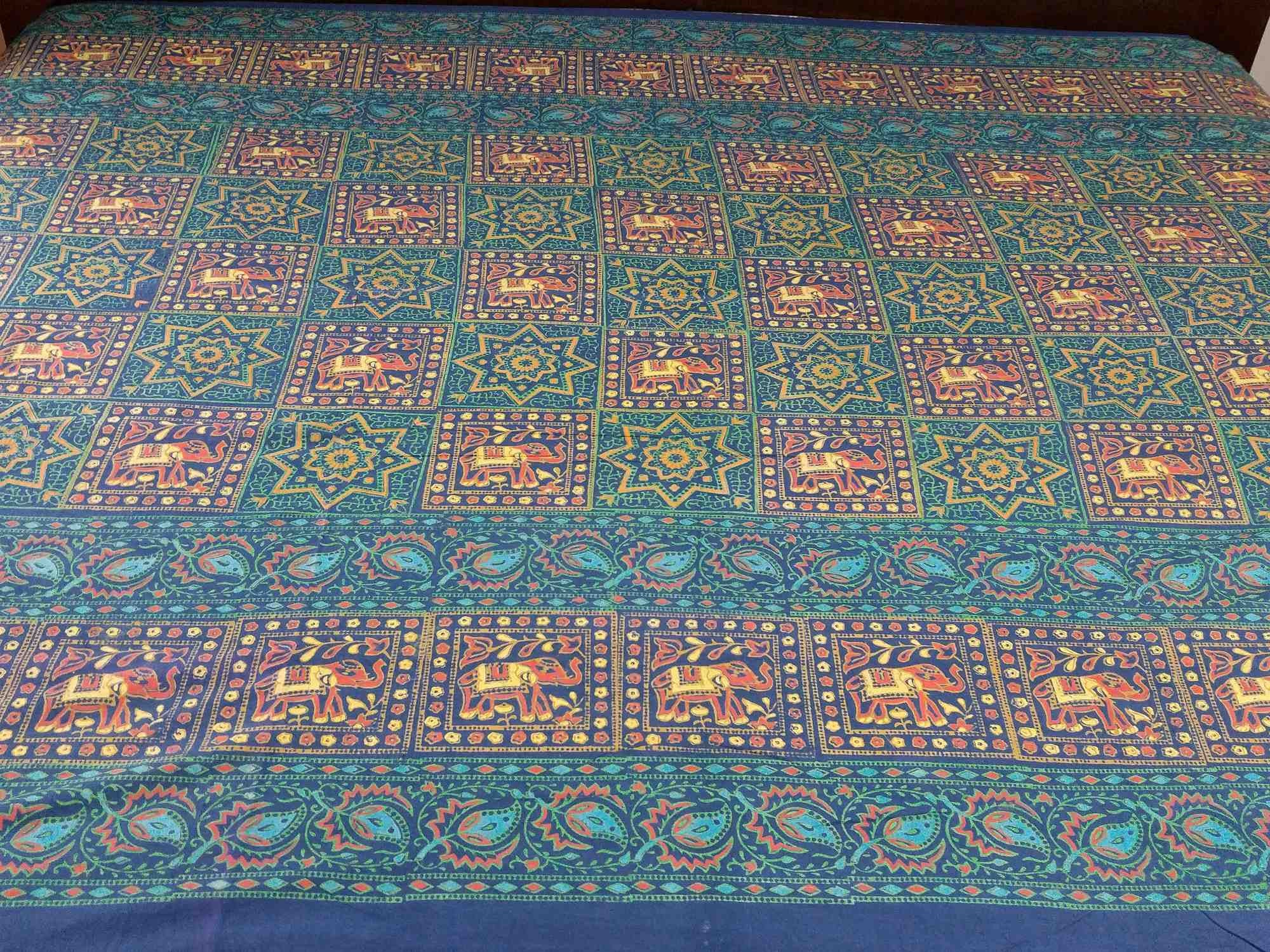 Handmade 100% Cotton Elephant Star Floral Bedspread Tapestry Tablecloth Twin Green - Sweet Us