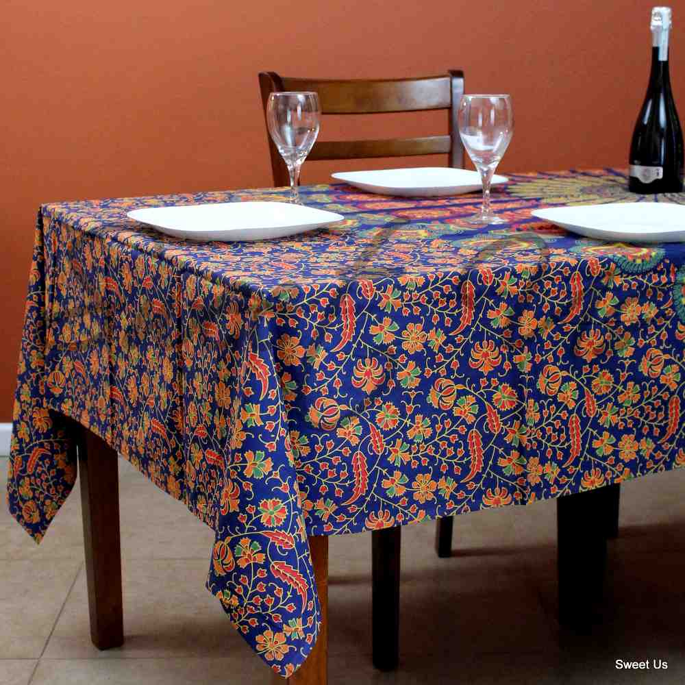 Cotton Peacock Mandala Floral Tablecloth Rectangle 68x102 Blue Gold Red