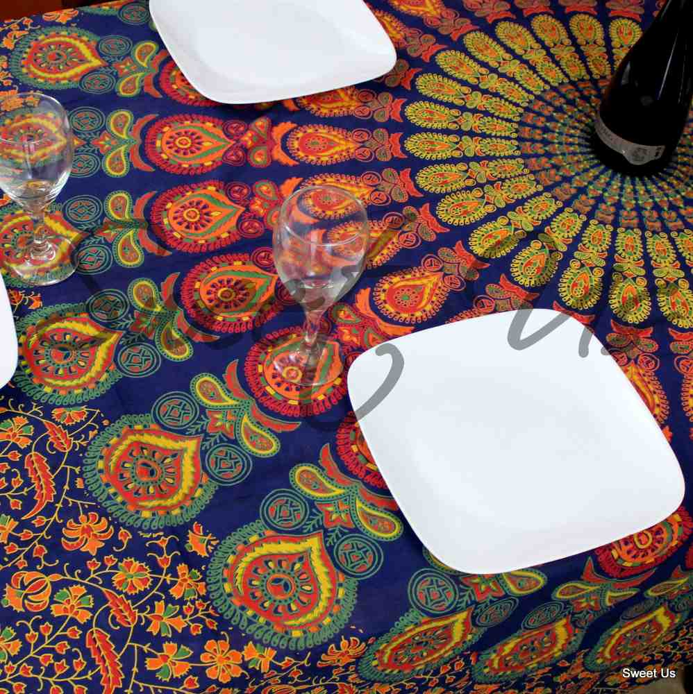 Cotton Peacock Mandala Floral Tablecloth Rectangle 68x102 Blue Gold Red