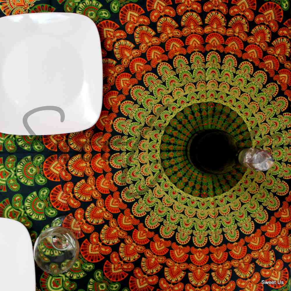 Cotton Peacock Mandala Floral Tablecloth Rectangle 68x102 Green Gold Orange