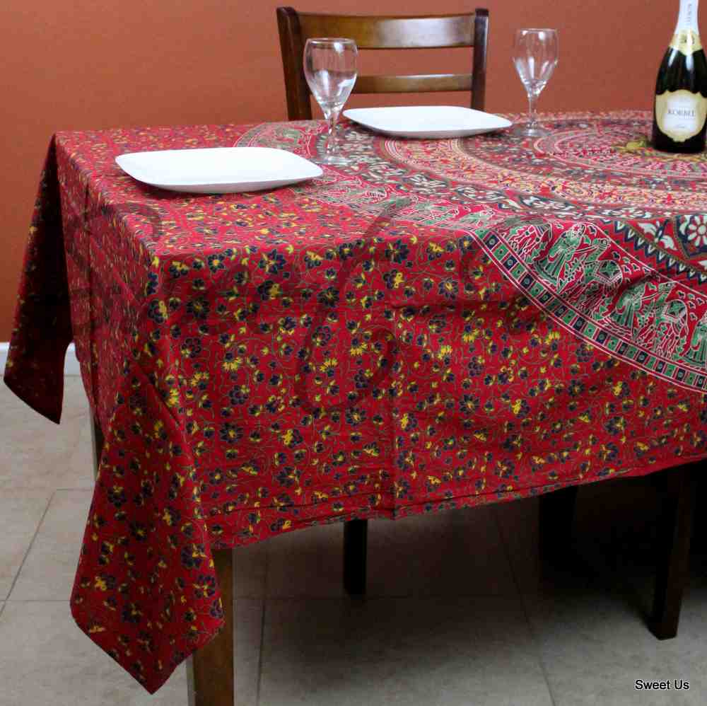 Cotton Floral Tablecloth Rectangle 68x102 Red Blue Green
