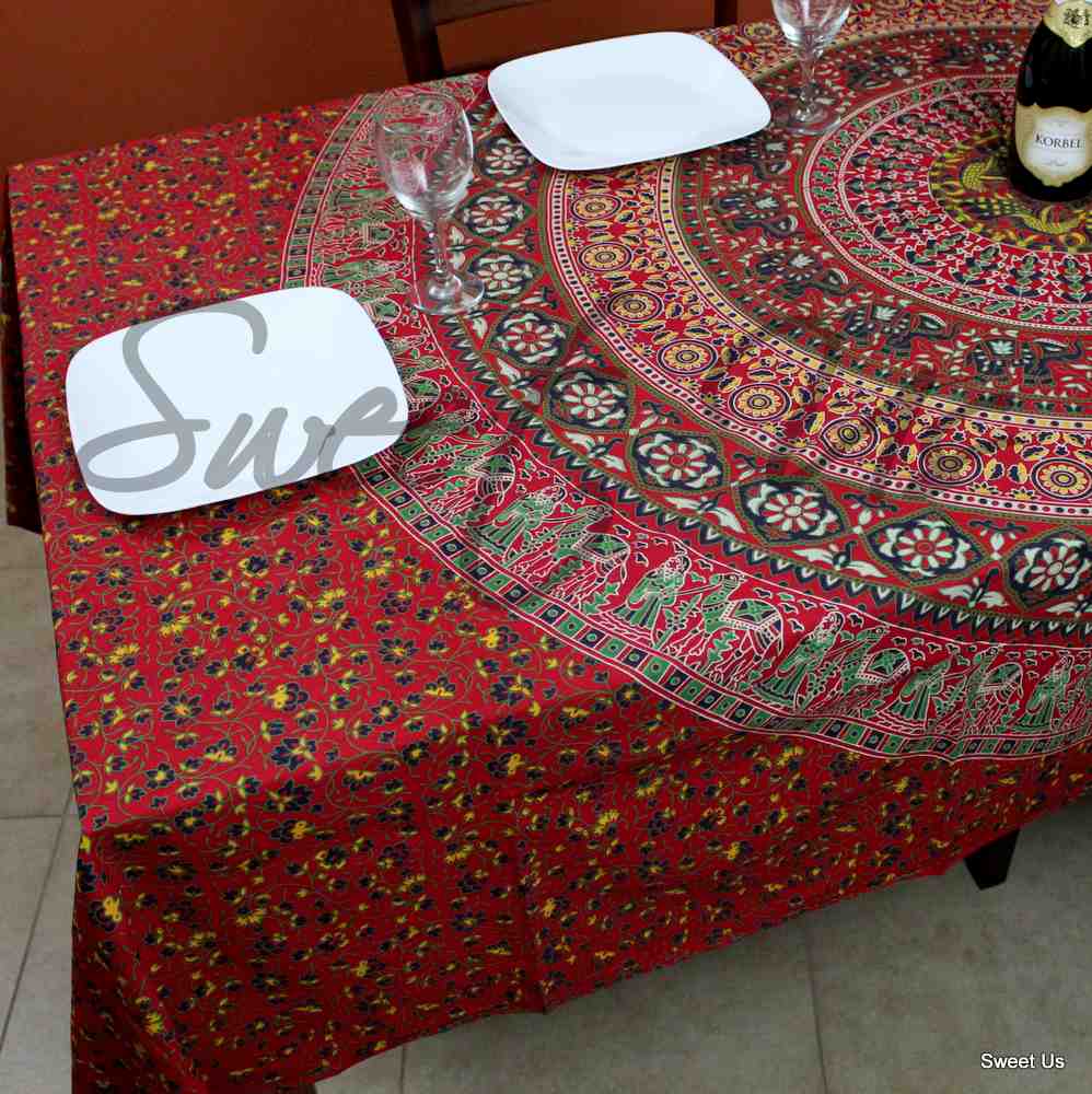 Cotton Floral Tablecloth Rectangle 68x102 Red Blue Green