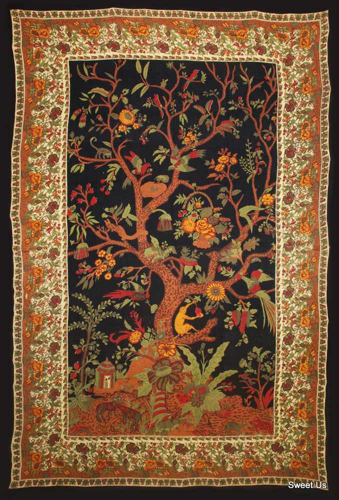 Cotton Tree of Life Tapestry Tablecloth Rectangle Bed sheet Full Black Gold