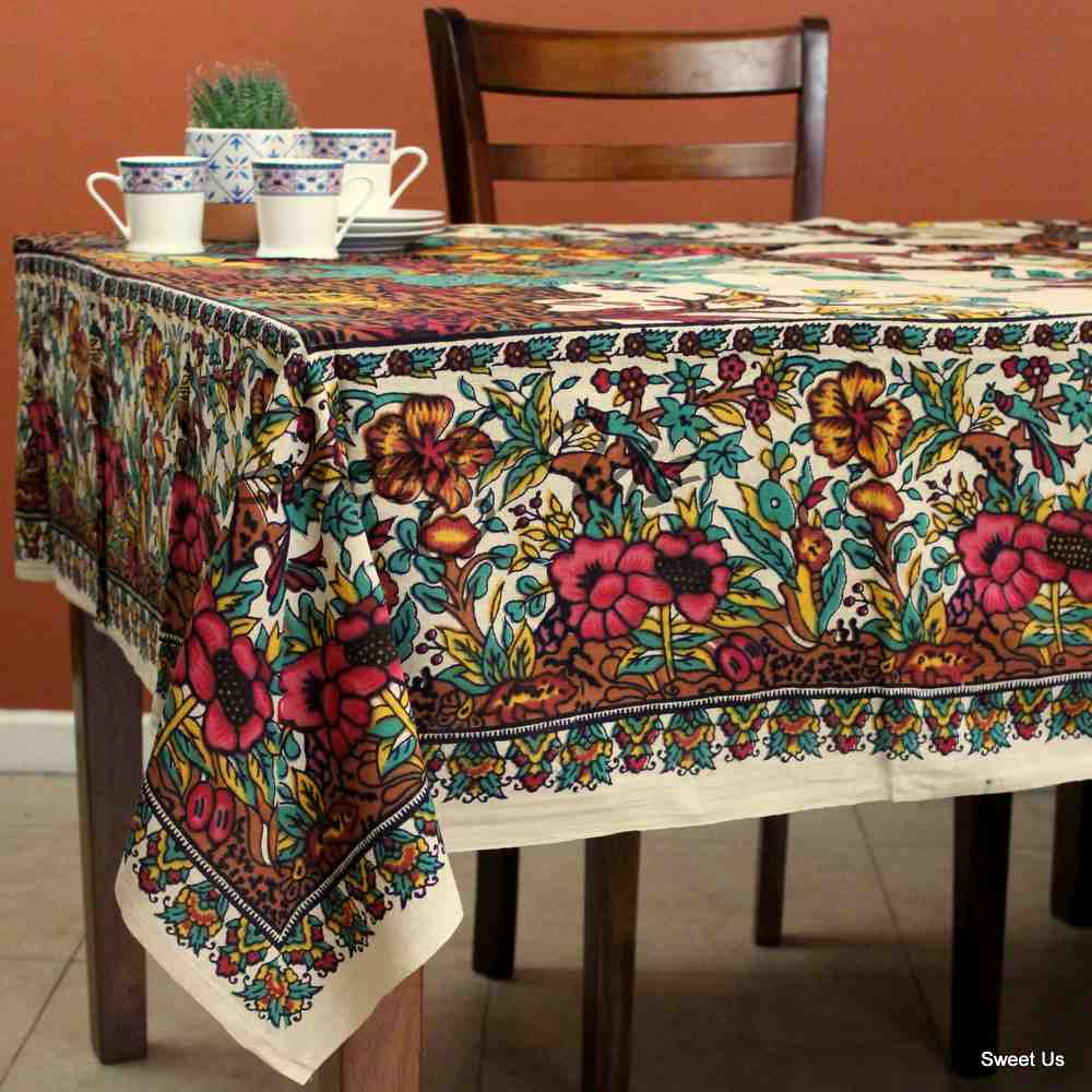 Light weight Cotton Tree of Life Floral Tablecloth Rectangle Beige Tan