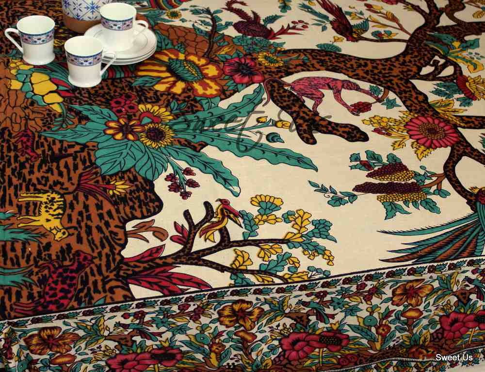 Tree of Life Hand loomed Cotton Floral Tablecloth Rectangle, Tan Twilight