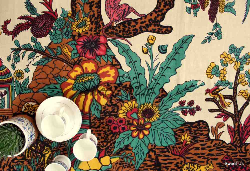 Tree of Life Hand loomed Cotton Floral Tablecloth Rectangle, Tan Twilight