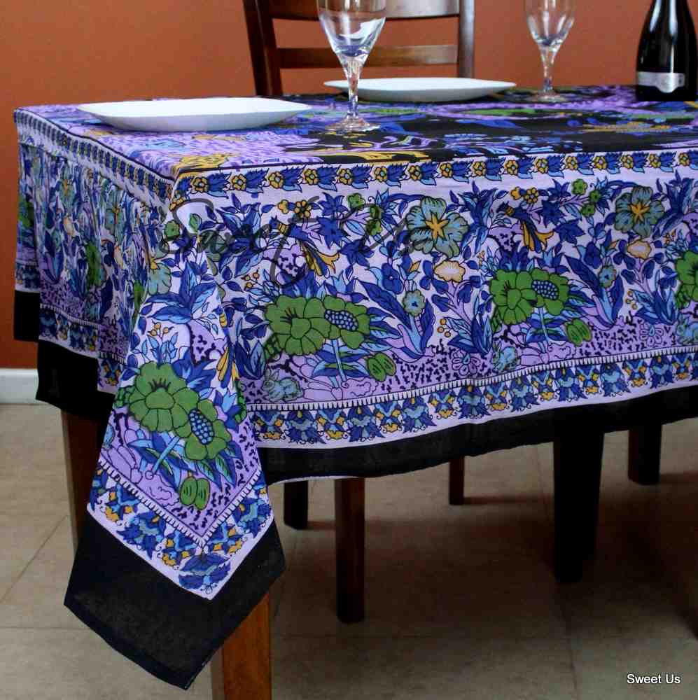 Cotton Tree of Life Floral Tablecloth Rectangle Black Blue Purple Green