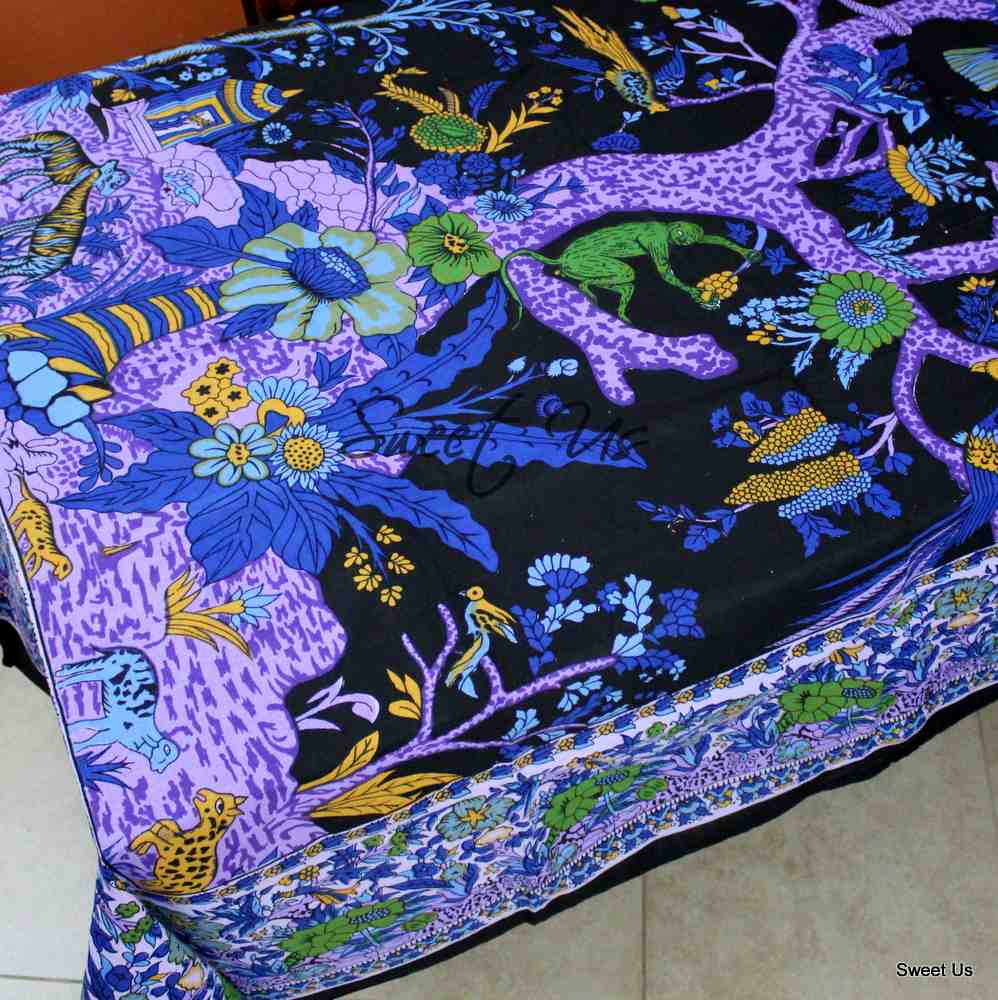 Cotton Tree of Life Floral Tablecloth Rectangle Black Blue Purple Green