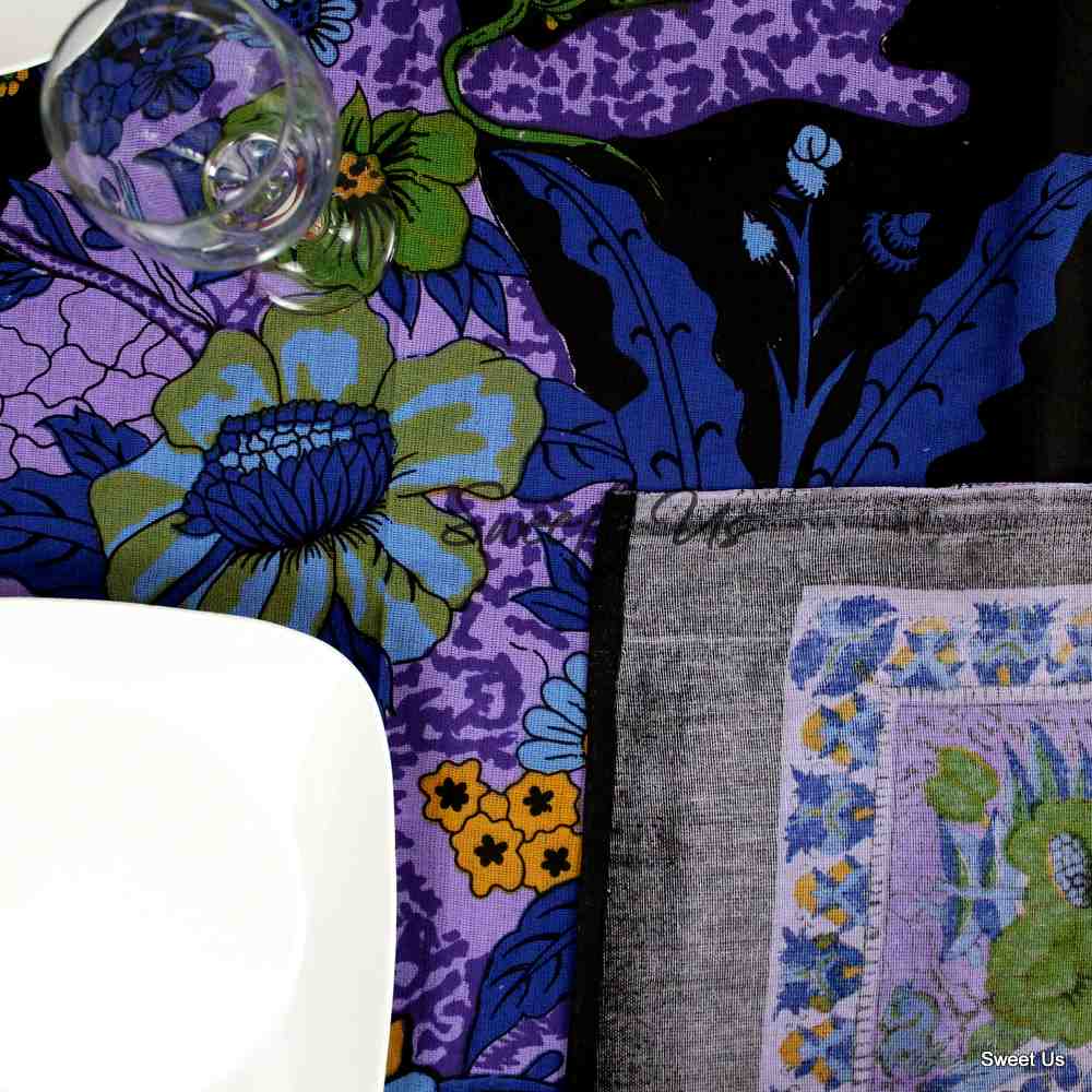 Cotton Tree of Life Floral Tablecloth Rectangle Black Blue Purple Green
