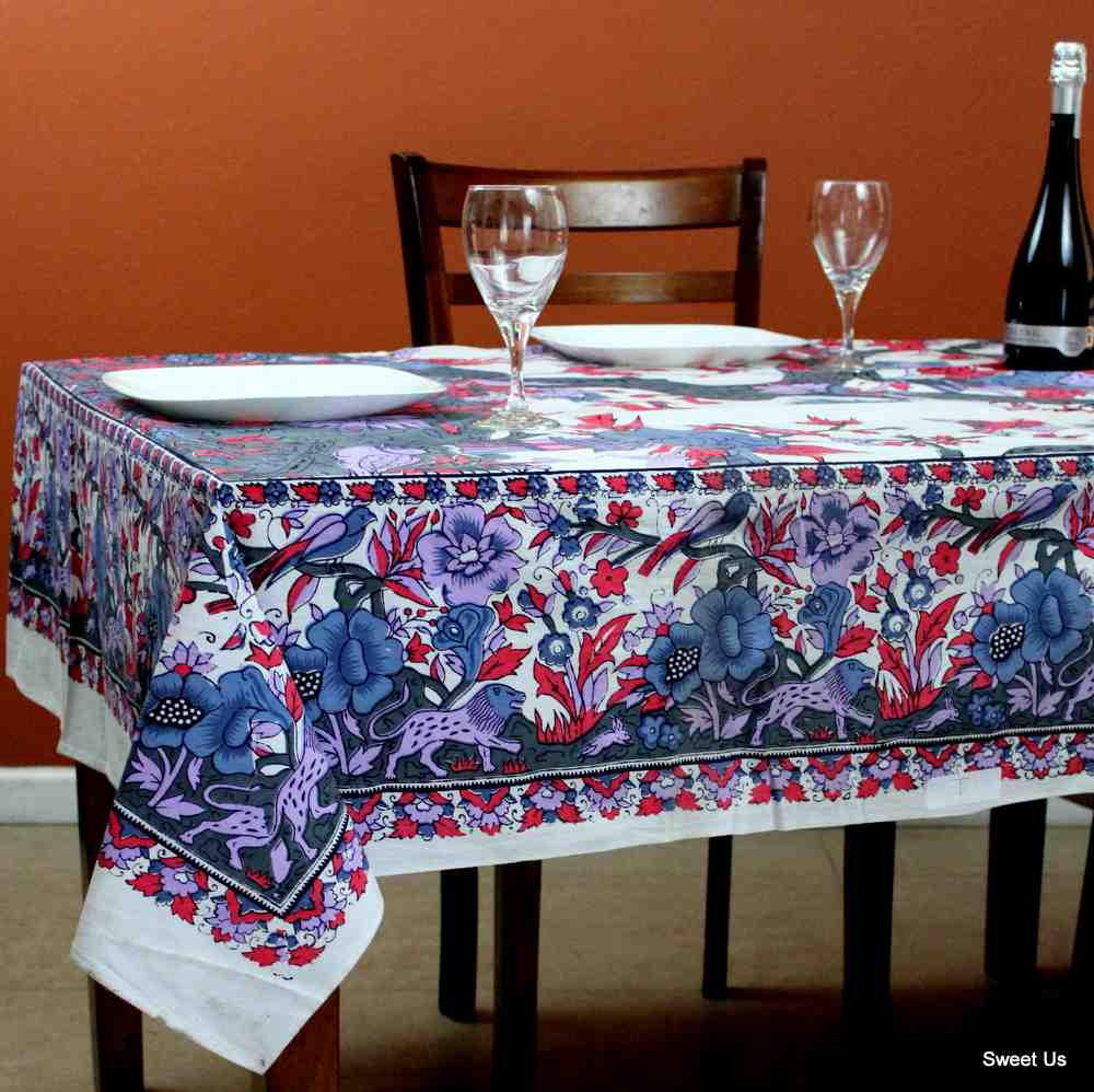 Cotton Tree of Life Floral Tablecloth Rectangle White Gray Blue Purple