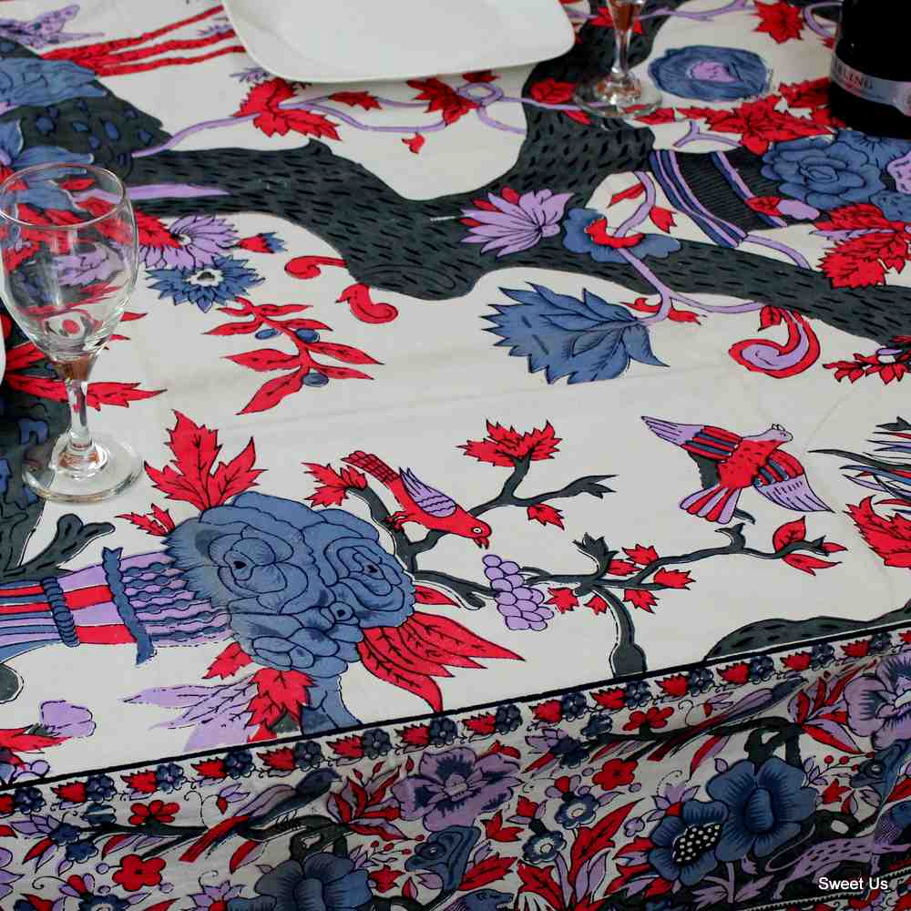Cotton Tree of Life Floral Tablecloth Rectangle White Gray Blue Purple