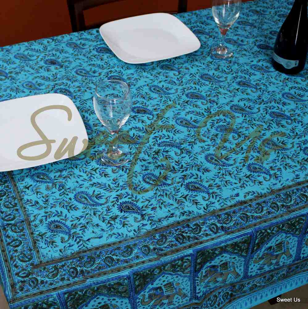 Cotton Elephant Paisley Floral Tablecloth Rectangle Bed sheet Full Turquoise Blue