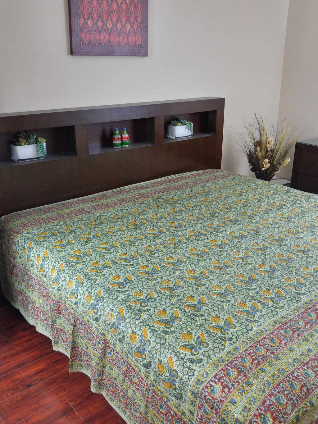 Handmade Cotton Hand Block Print Butterfly Tapestry Tablecloth Spread Twin Green - Sweet Us