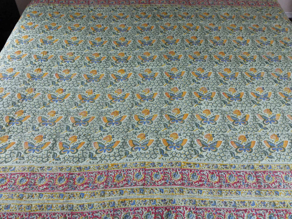 Handmade Cotton Hand Block Print Butterfly Tapestry Tablecloth Spread Twin Green - Sweet Us