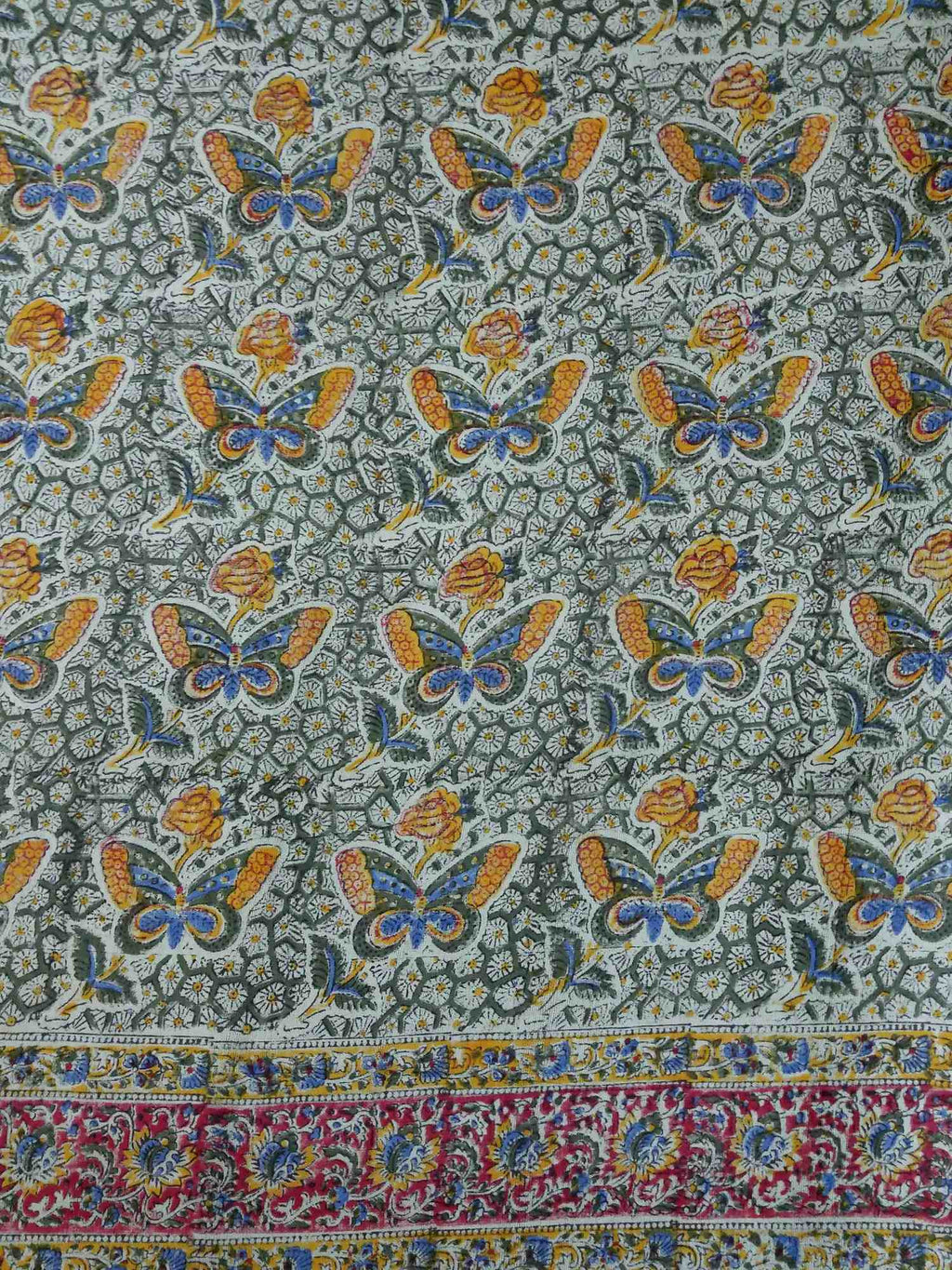 Handmade Cotton Hand Block Print Butterfly Tapestry Tablecloth Spread Twin Green - Sweet Us