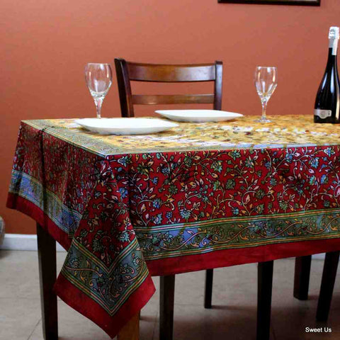 Cotton Floral Tie Dye Tablecloth Rectangle Red Tan Kitchen Dining Linen