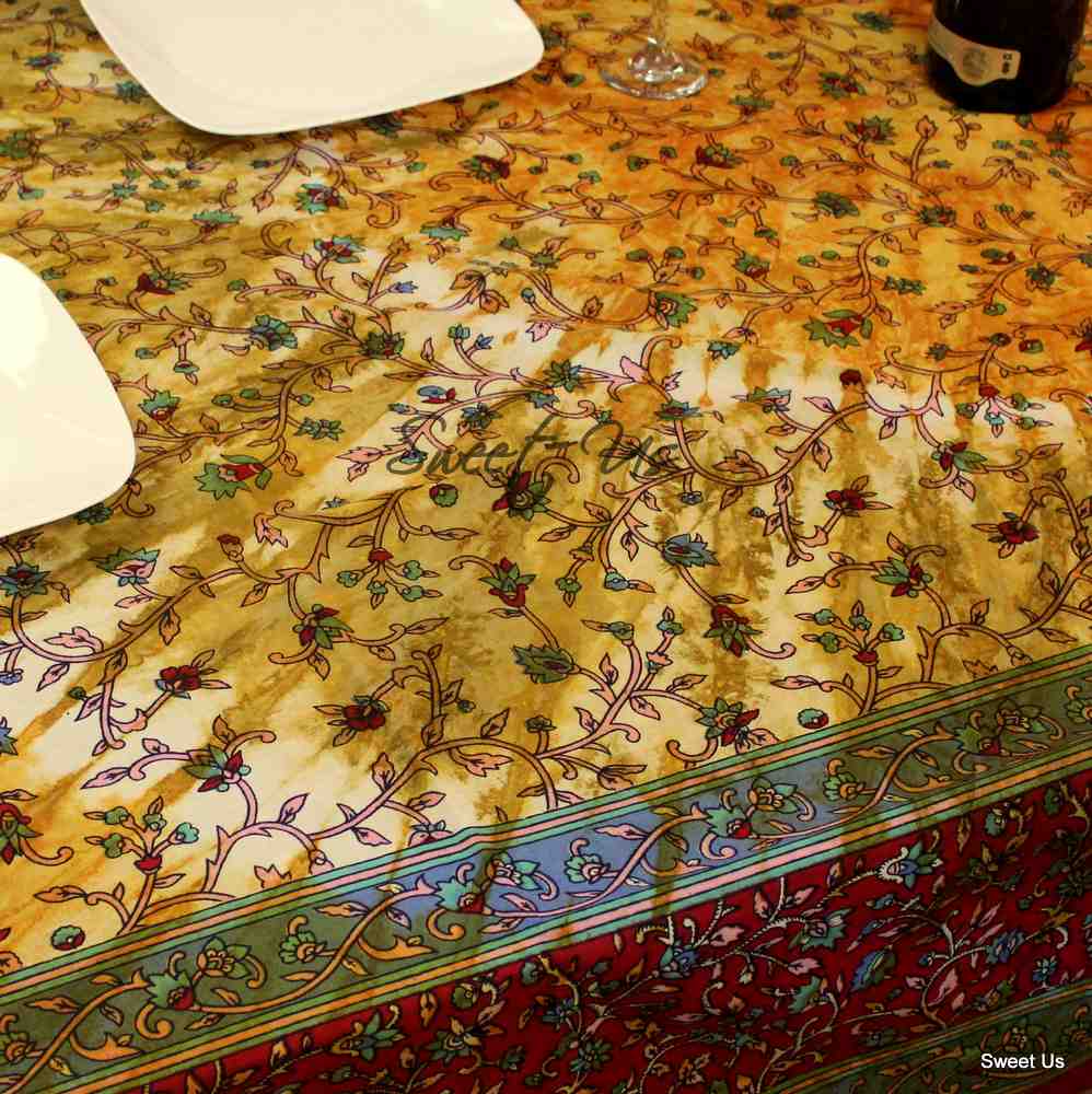 Cotton Floral Tie Dye Tablecloth Rectangle Red Tan Kitchen Dining Linen