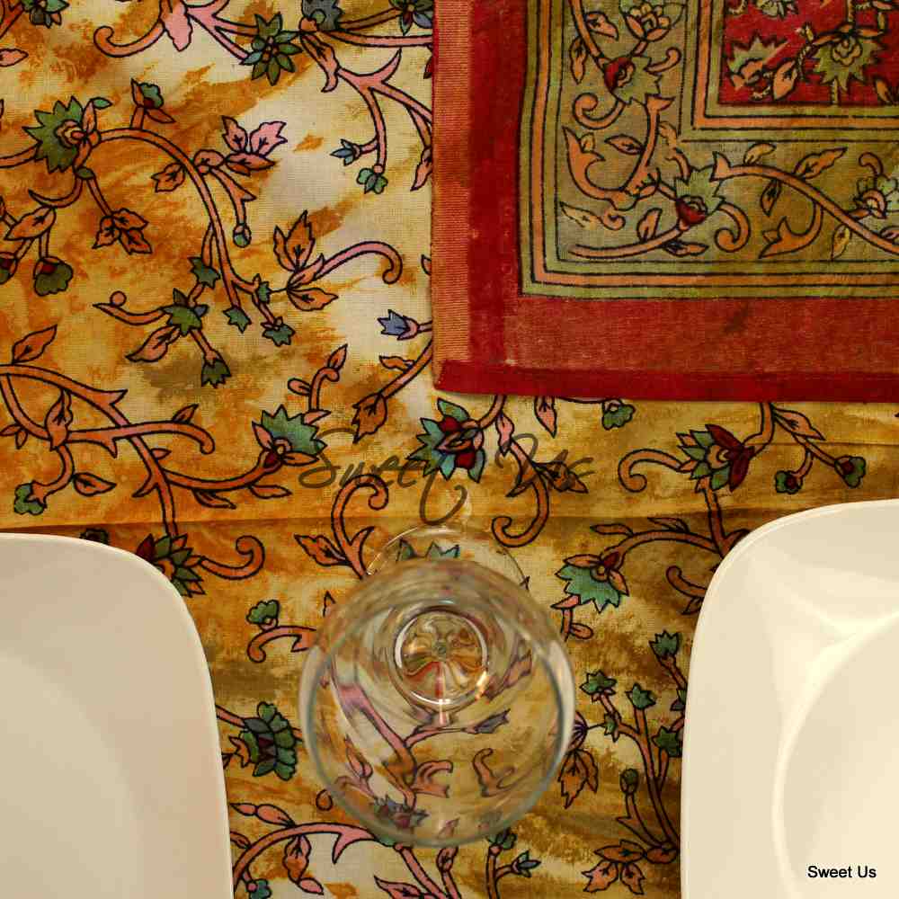 Cotton Floral Tie Dye Tablecloth Rectangle Red Tan Kitchen Dining Linen