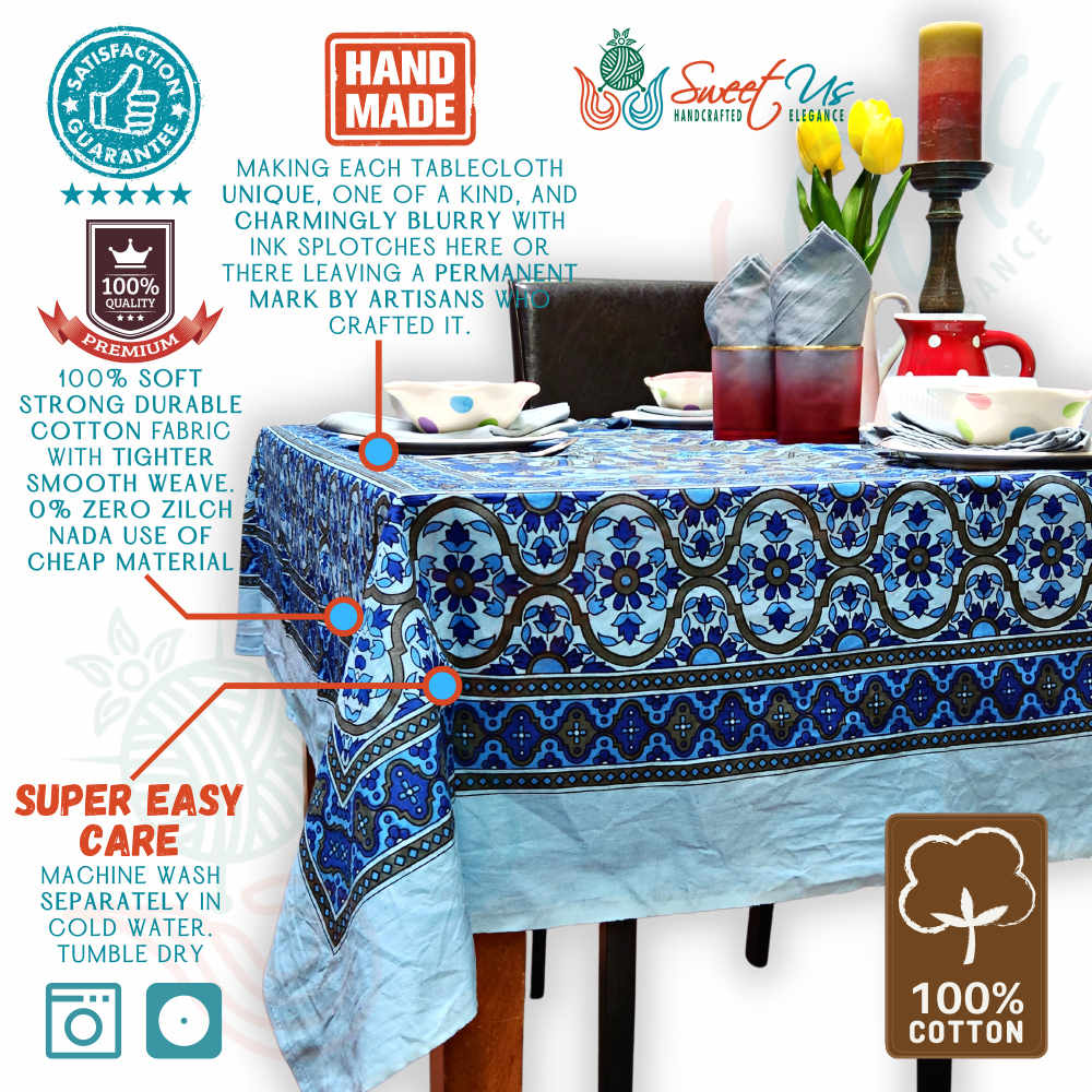 Cotton Sunflower Floral Tablecloth Rectangle Blue Gray Dining Linen