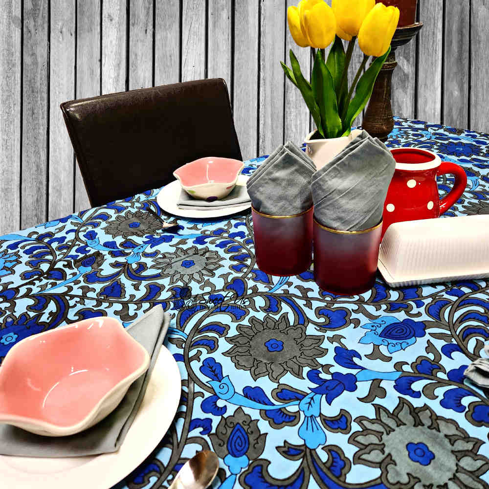 Cotton Sunflower Floral Tablecloth Rectangle Blue Gray Dining Linen