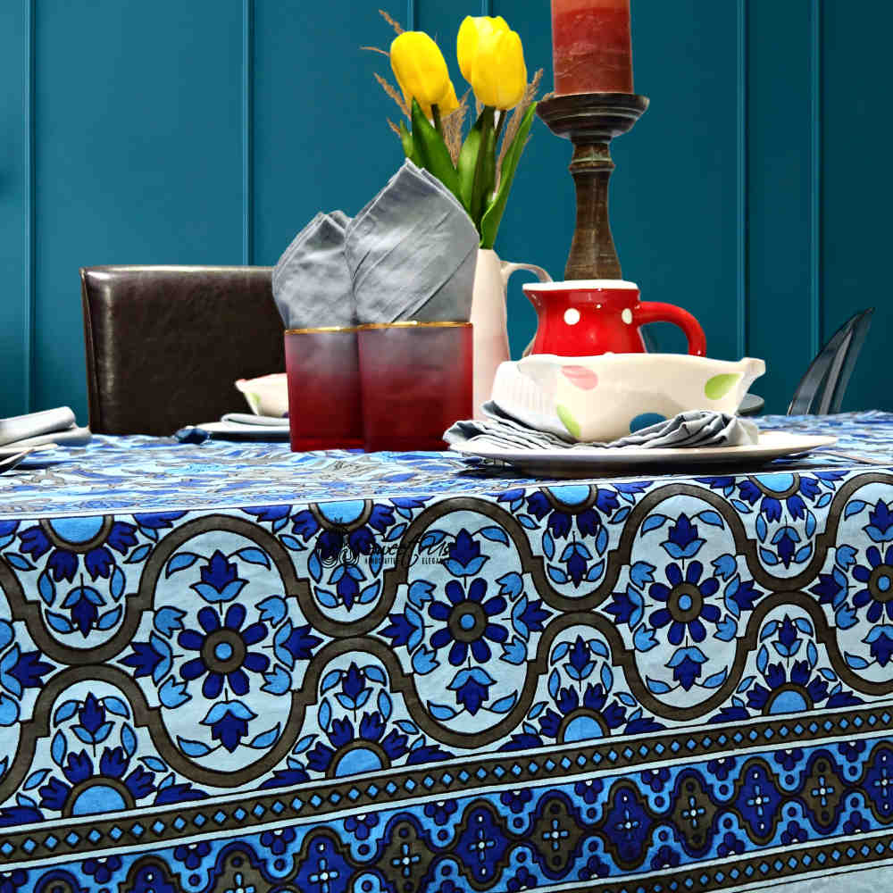 Cotton Sunflower Floral Tablecloth Rectangle Blue Gray Dining Linen