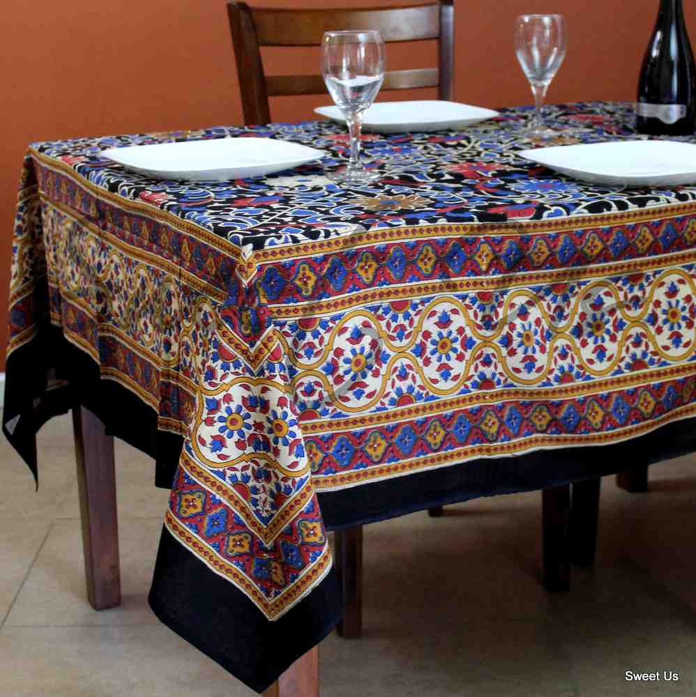 Cotton Sunflower Floral Tablecloth Rectangle 70x104 Black Blue Red