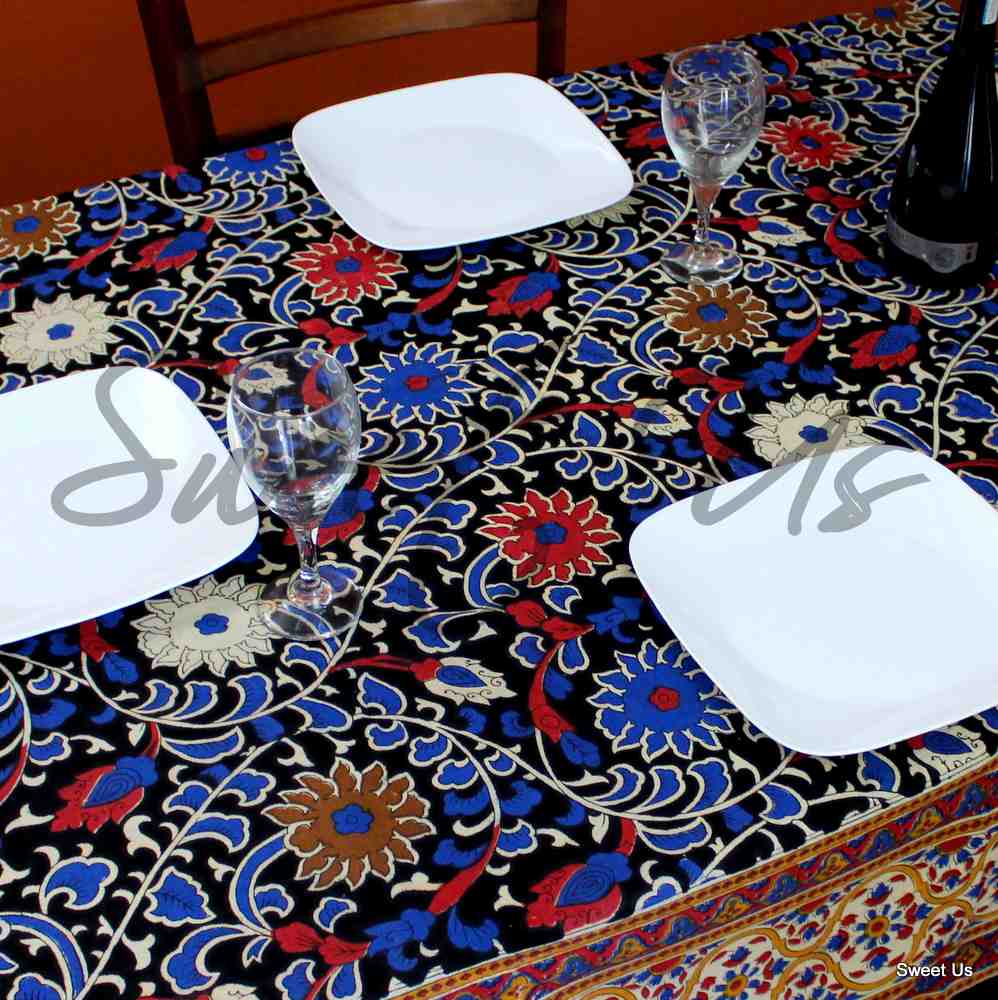 Cotton Sunflower Floral Tablecloth Rectangle 70x104 Black Blue Red