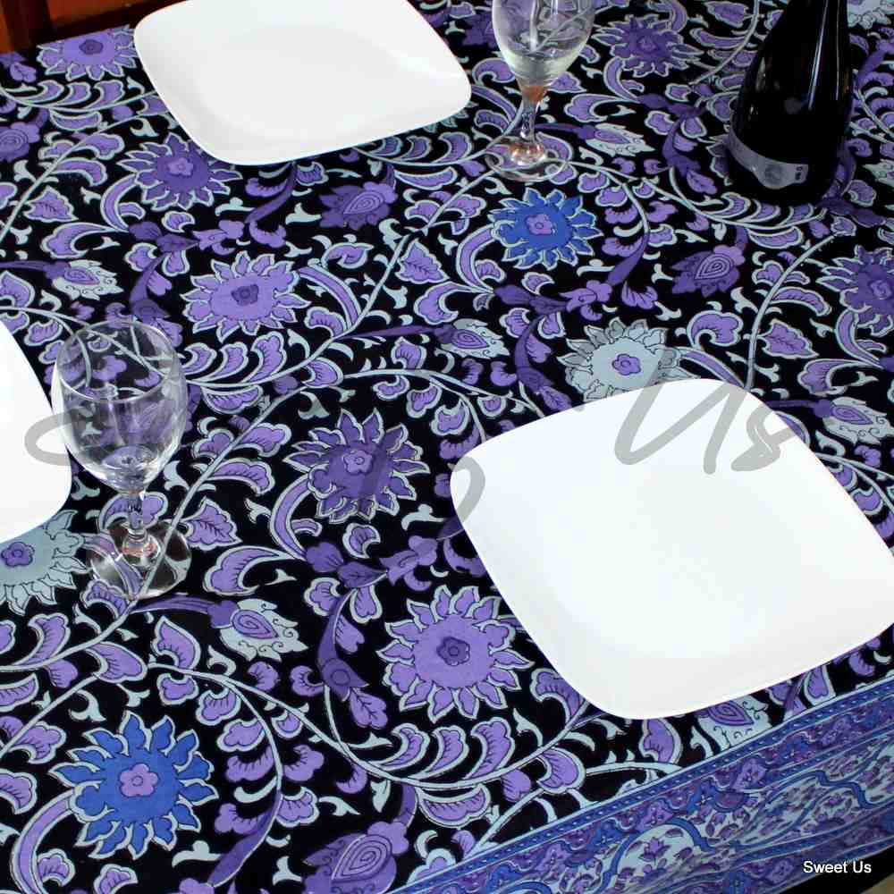 Cotton Sunflower Floral Tablecloth Rectangle 70x104 Black Purple Blue