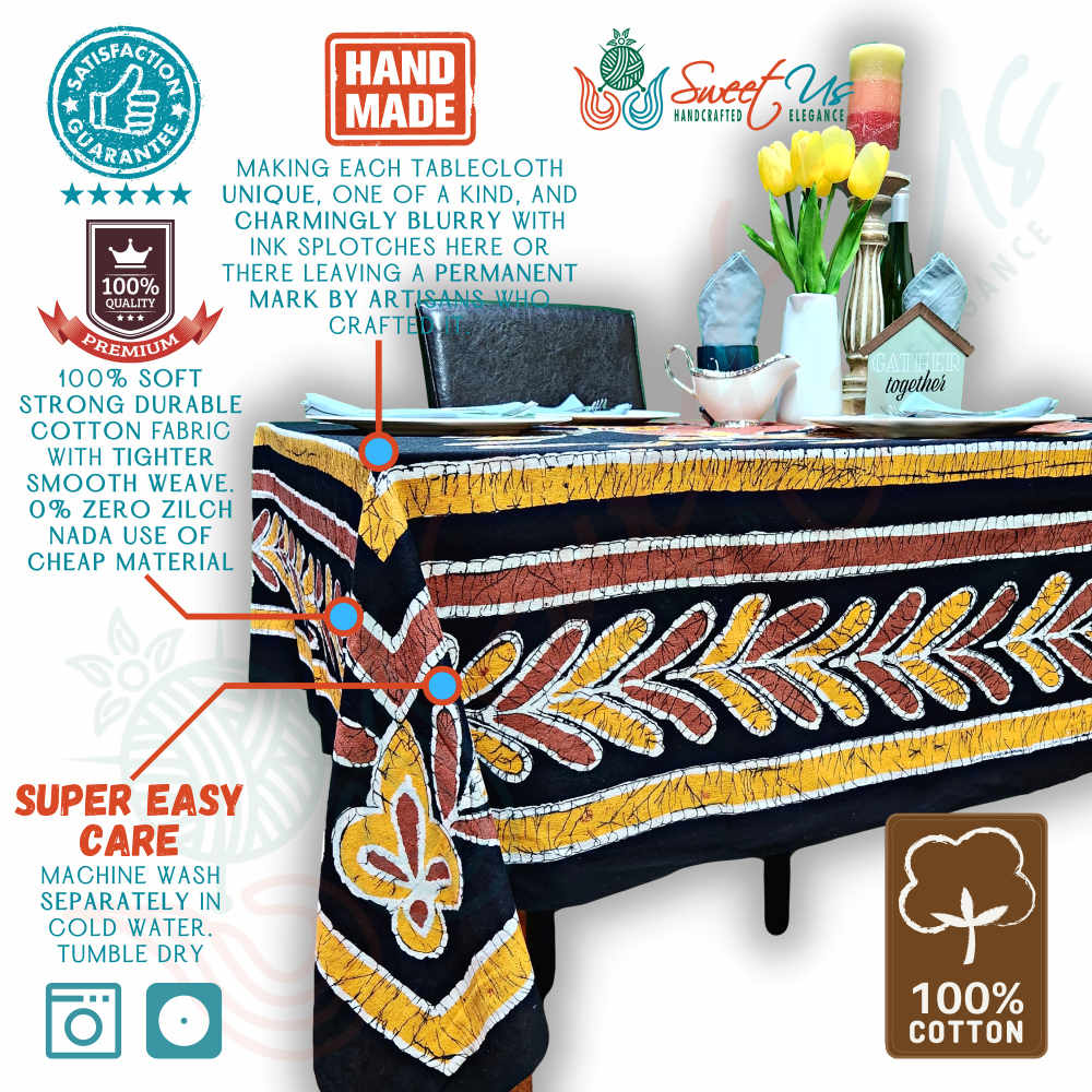 Lucky Elephant Batik Cotton Tablecloth Rectangle Gold Rust Black