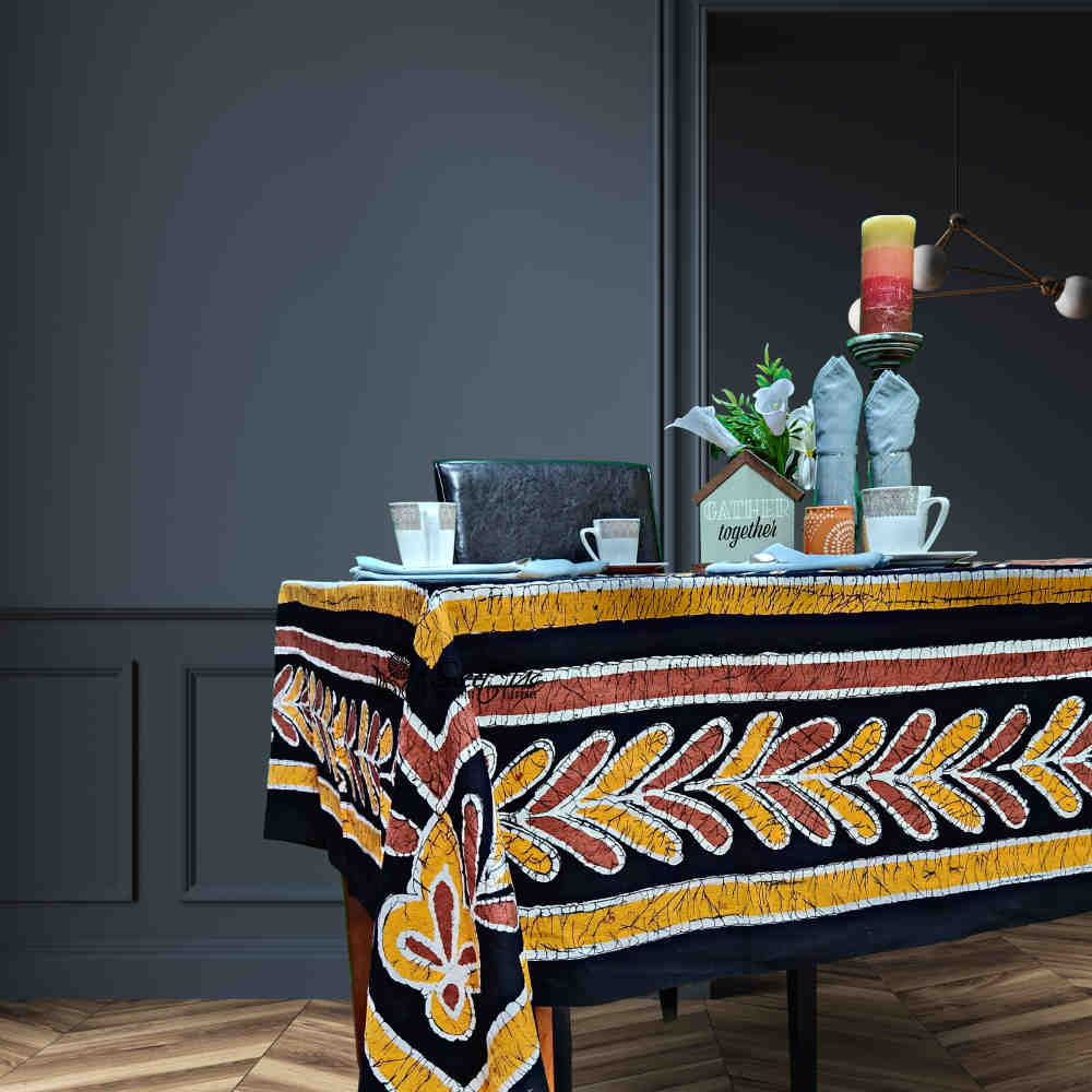 Lucky Elephant Batik Cotton Tablecloth Rectangle Gold Rust Black